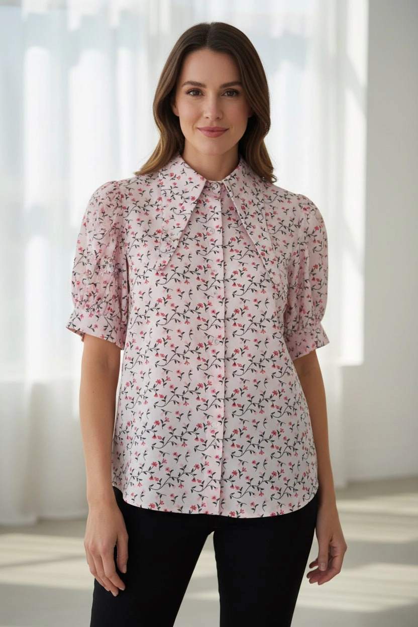 DressAtR Women's Floral High Neck Long Collar Elbow Sleeve Front Button Blouse