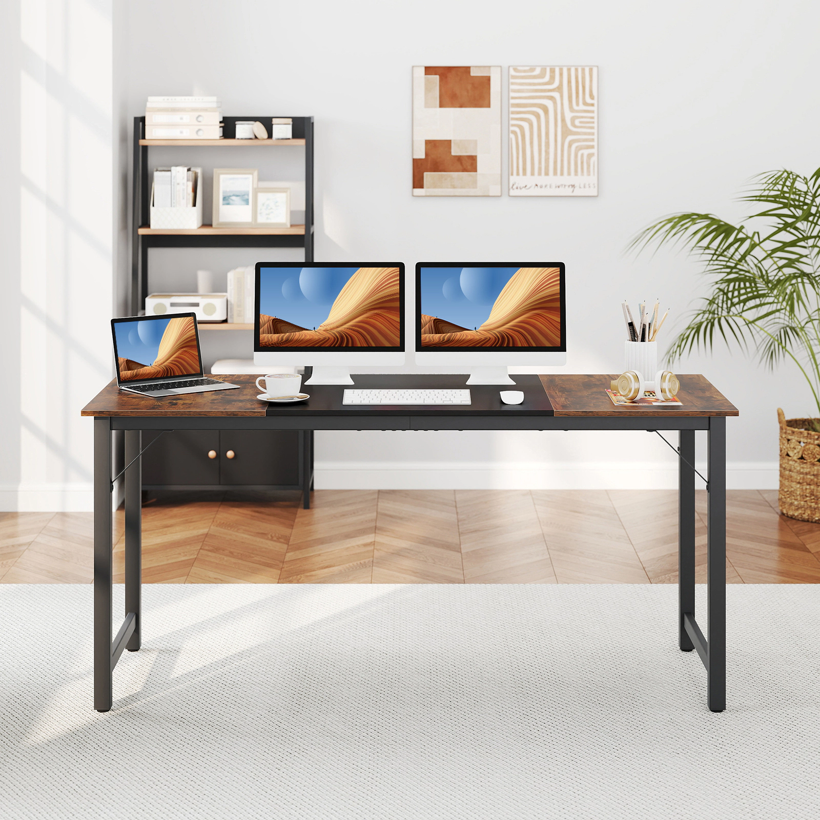 SUGIFT 63-in Modern Splice Computer Desk with Heavy Duty Steel Frame 110-lb Capacity Black Rustic Brown