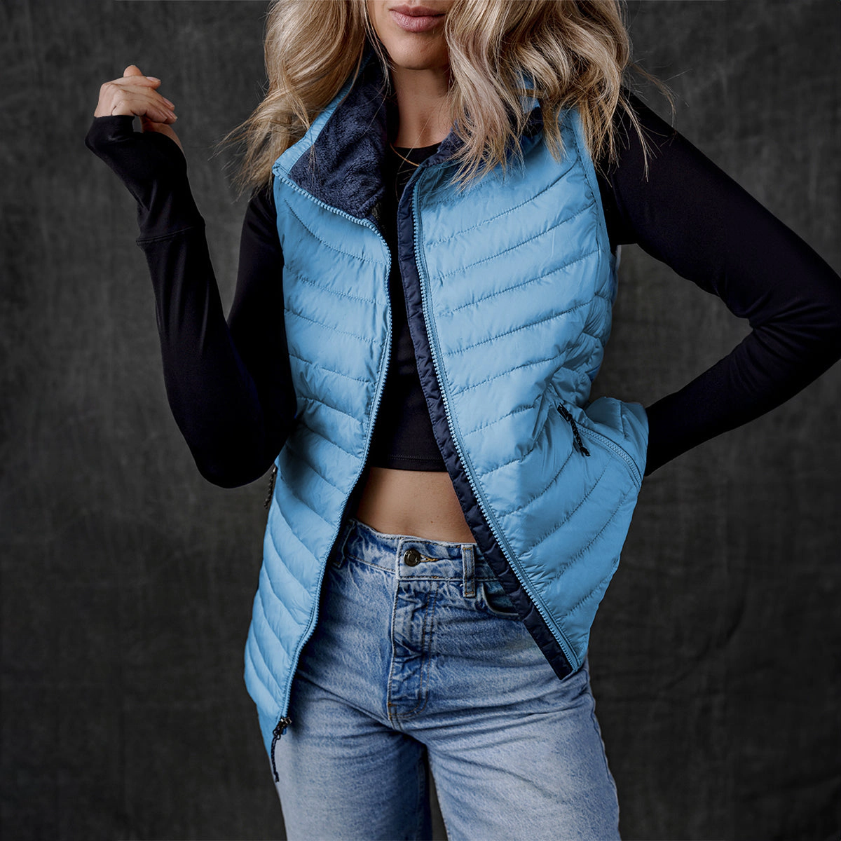 Sol Living Womens Sky Blue Plush Collared Quilted Zipped Puffer Vest