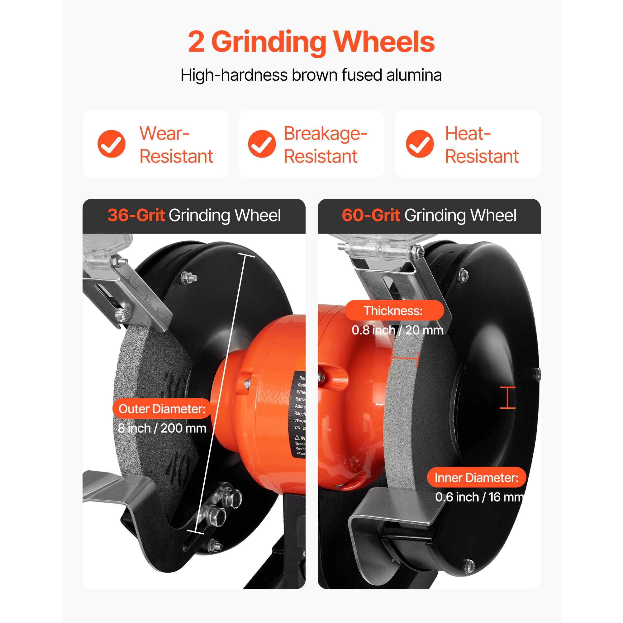 HONGGE Bench Grinder Speed Bench Grinder Table Grinders with Induction Motor 36/60-Grit Grinding & Adjustable for