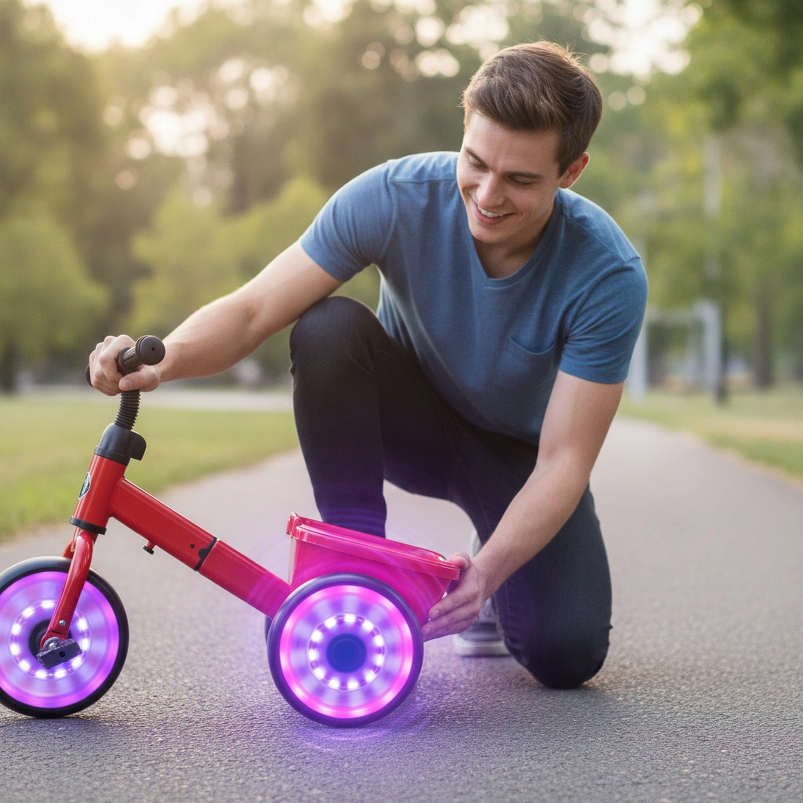 Toddler Tricycle with 4-Position Seat 135-Degree Steering Limit and Glowing Rear Wheels for Ages 3-5 Storage Bin