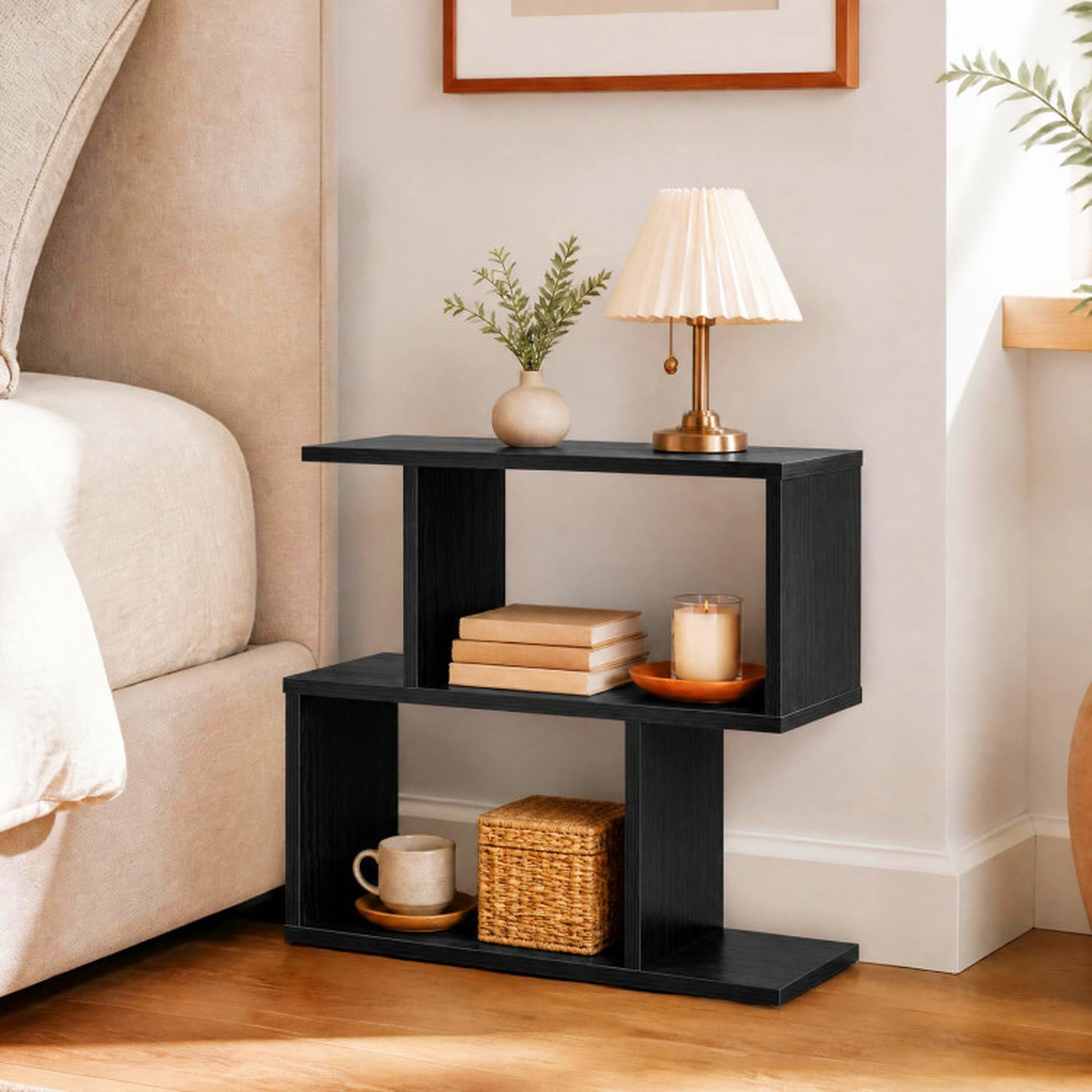SUGIFT 3-Tier Geometric Engineered Wood Bookshelf with Open Shelves 44-lb Top Board Capacity 24-in Wide Black