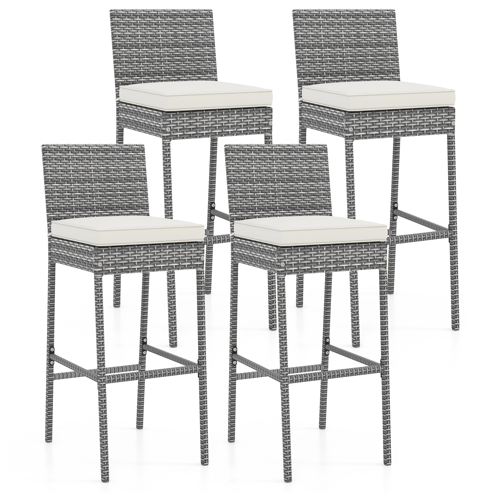 LJG Set of 2/4 Patio Wicker Barstools with Soft Seat Cushion and Cozy Footrest-Set of 4