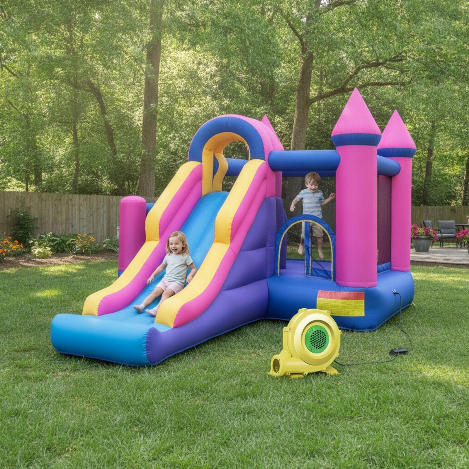 7-in-1 Kids Inflatable Bounce House with 90.5-in Long Slide Basketball Ring Toss Ball Pit and 735W Blower