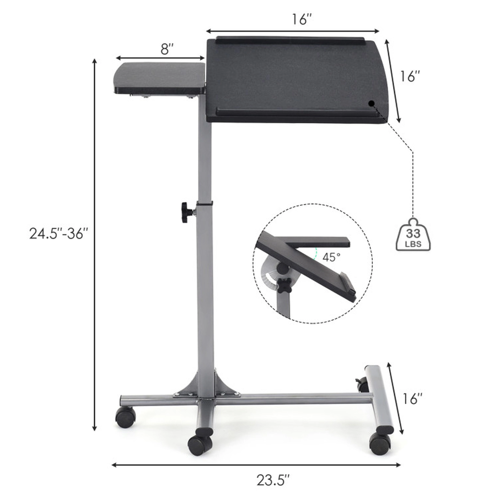 SUGIFT Adjustable Angle Height Rolling Laptop Lap Desk with Tilt Top 24.5-36-in Height Black