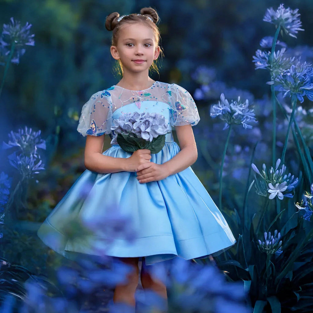 Faeella Girls Celestial Butterfly Blue Sequin Tulle Birthday Dress