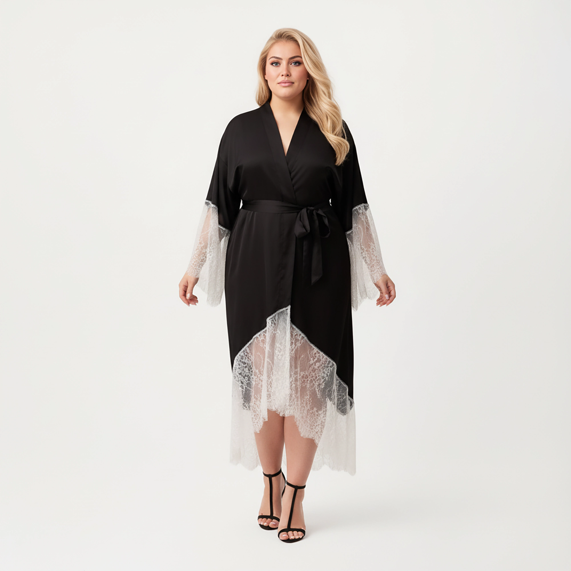 Anna-Kaci Women's Plus Long Robe with Sheer Lace Hem and Sleeve Detailing Soft Flowing Fabric