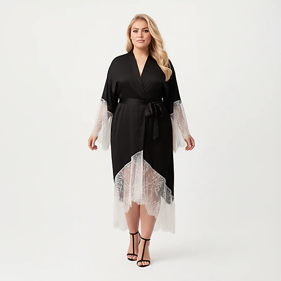 Anna-Kaci Women's Plus Size Long Robe with Sheer Lace Hem and Sleeve Detailing and Soft Flowing Fabric