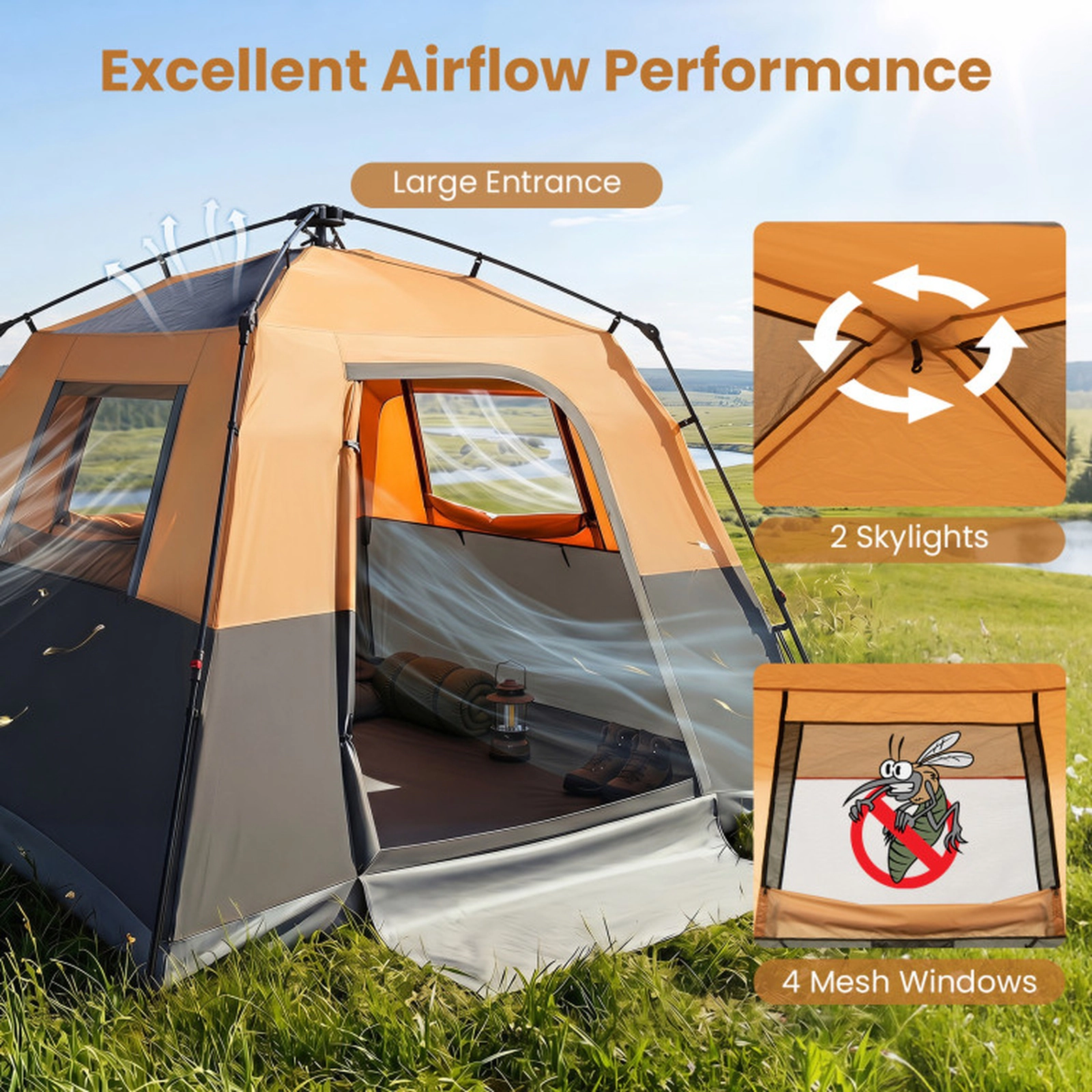 SUGIFT Blackout Easy-Setup 6-Person Instant Cabin Camping Tent with Rainfly, Skylights and Carrying Bag Orange/Gray