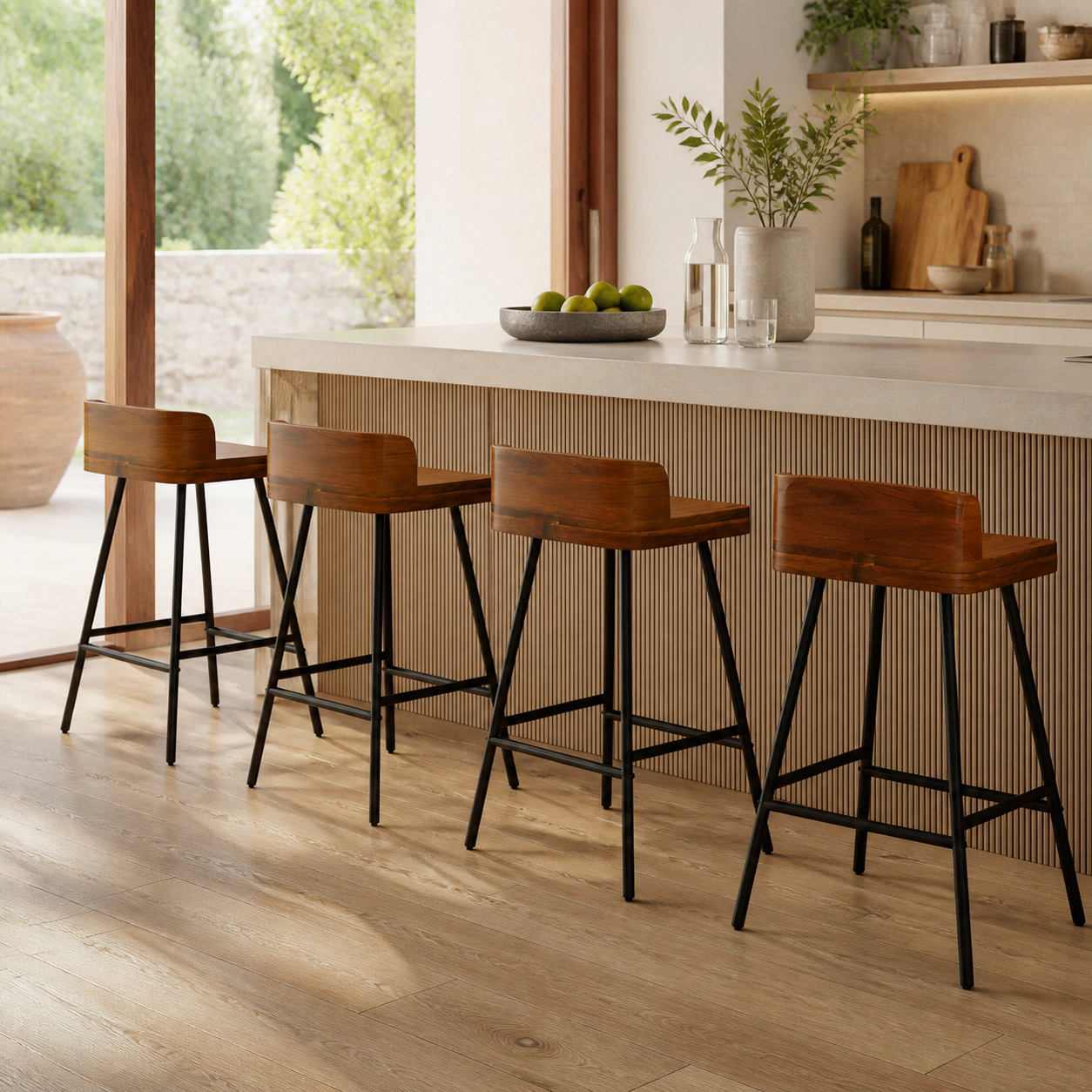 SUGIFT Set of 4 24-Inch Walnut Bar Stools, Low Back, Black Metal Legs