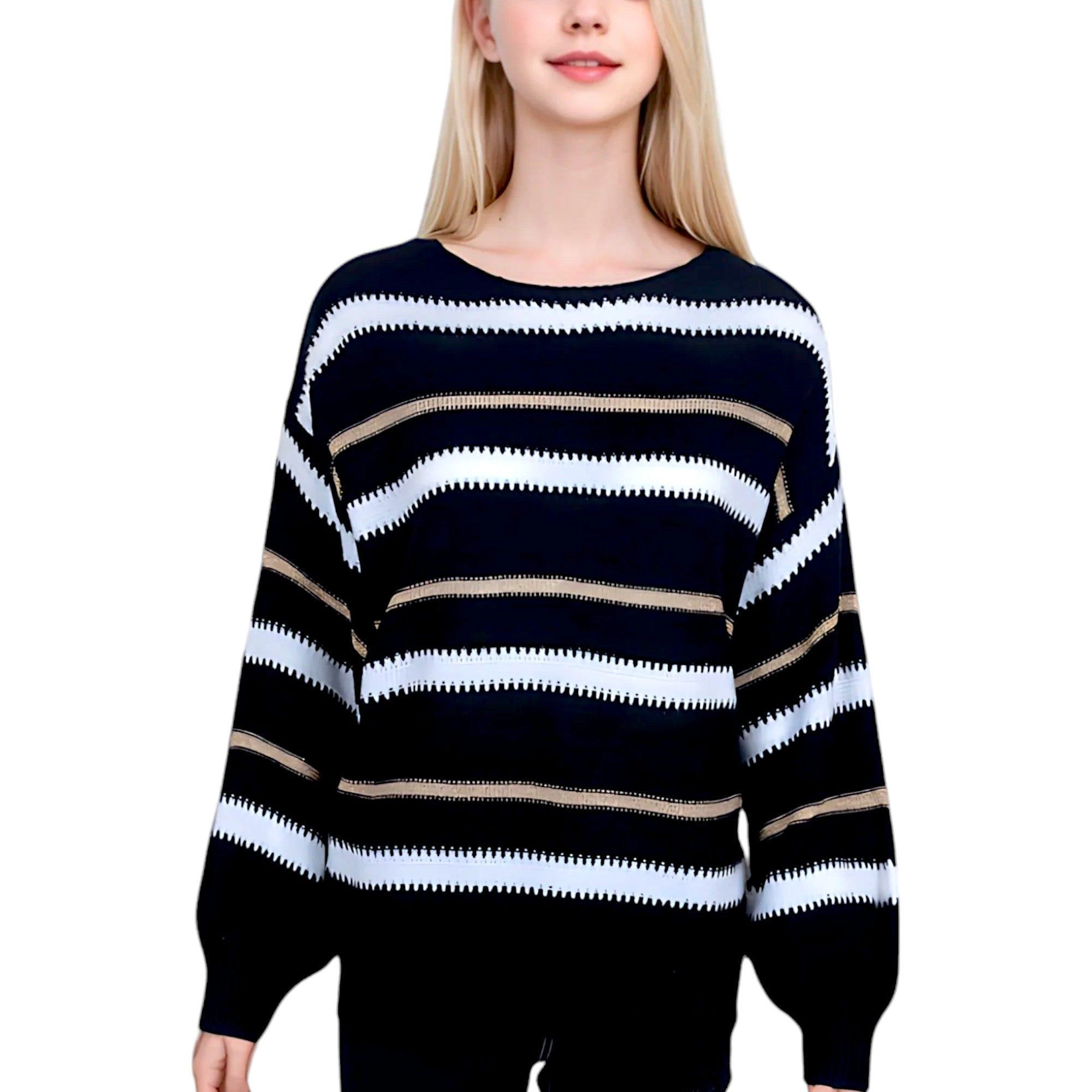 Anna-Kaci Women's Sweaters Long Sleeve Crew Striped Oversized Knitted Pullover Tops for Everyday Wear