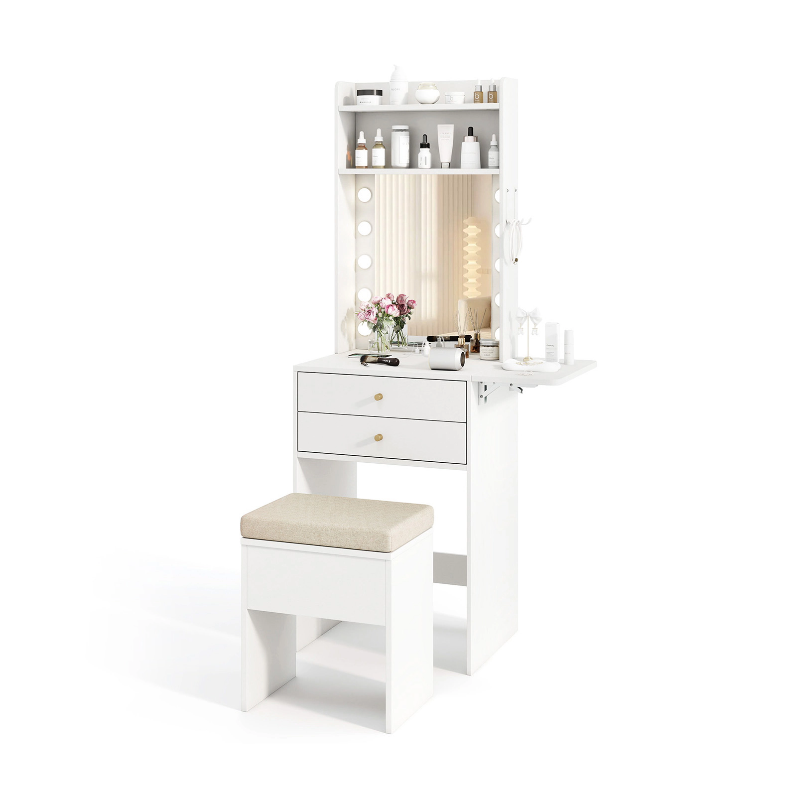 SUGIFT Compact Vanity Desk with 3-Color Lighted Mirror, 110-lb Tabletop Capacity, Power Outlets White/Black
