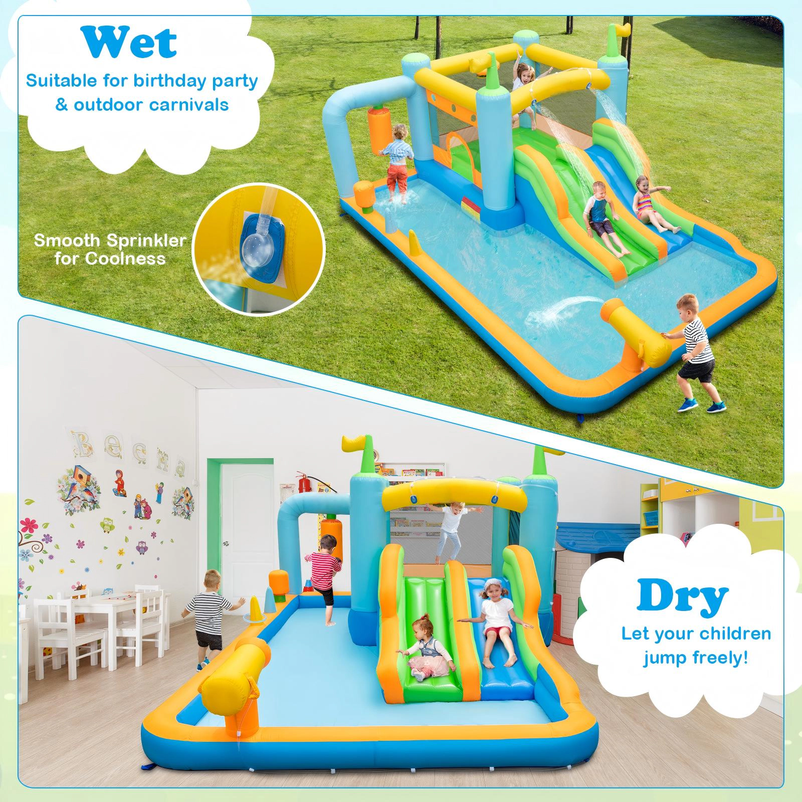 SUGIFT Dual Slides Bouncing Mat and 735W Blower for Ages 3-10 Kids Inflatable Water Slide