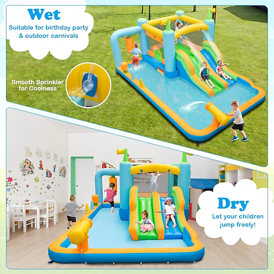SUGIFT Multicolor Kids Inflatable Water Slide with Dual Slides Bouncing Mat and 735W Blower 16.5-ft W 11.4-ft D