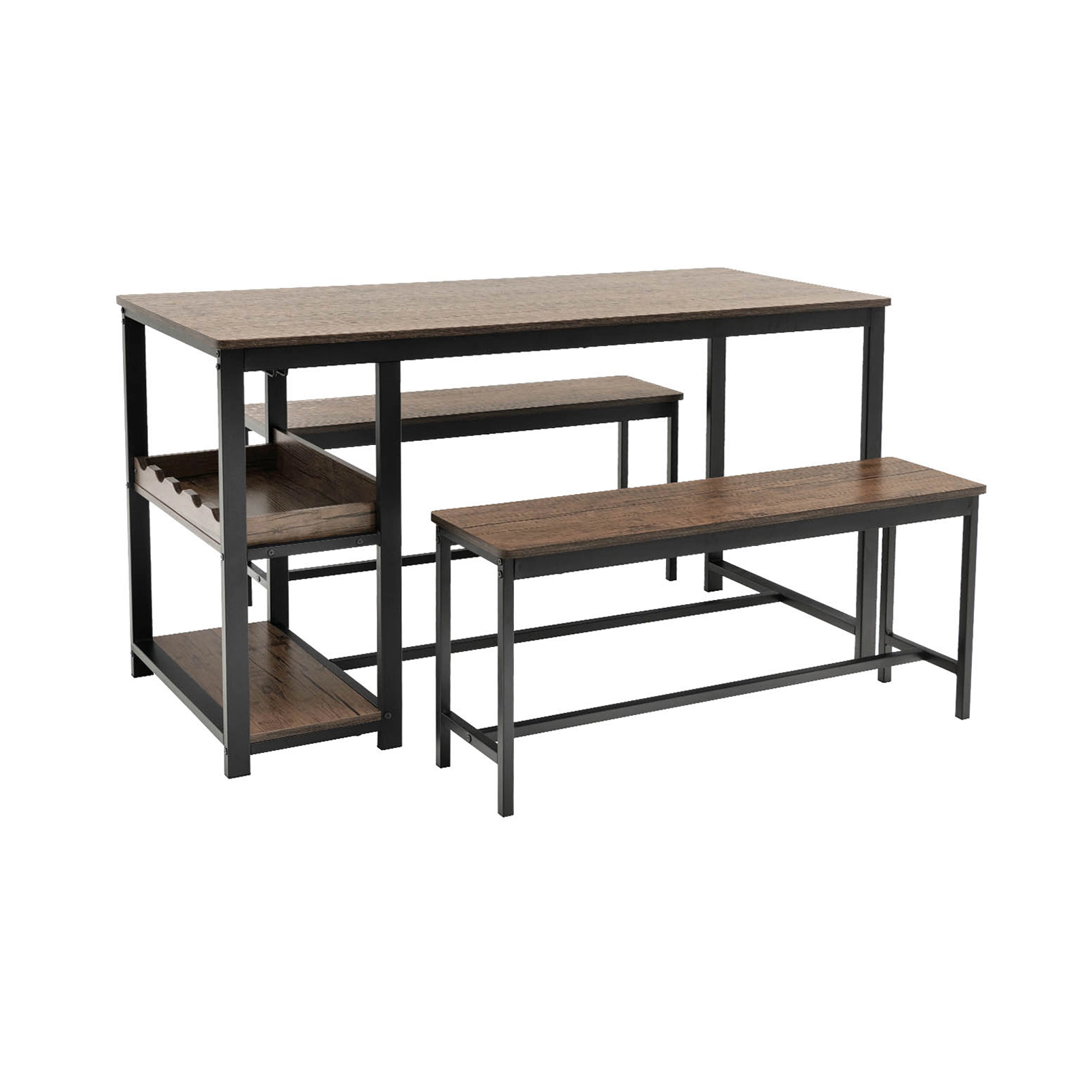 SUGIFT 3-Piece Dining Table and Bench Set with Wine Rack 220-Lb Table 330-Lb Benches Coffee Black