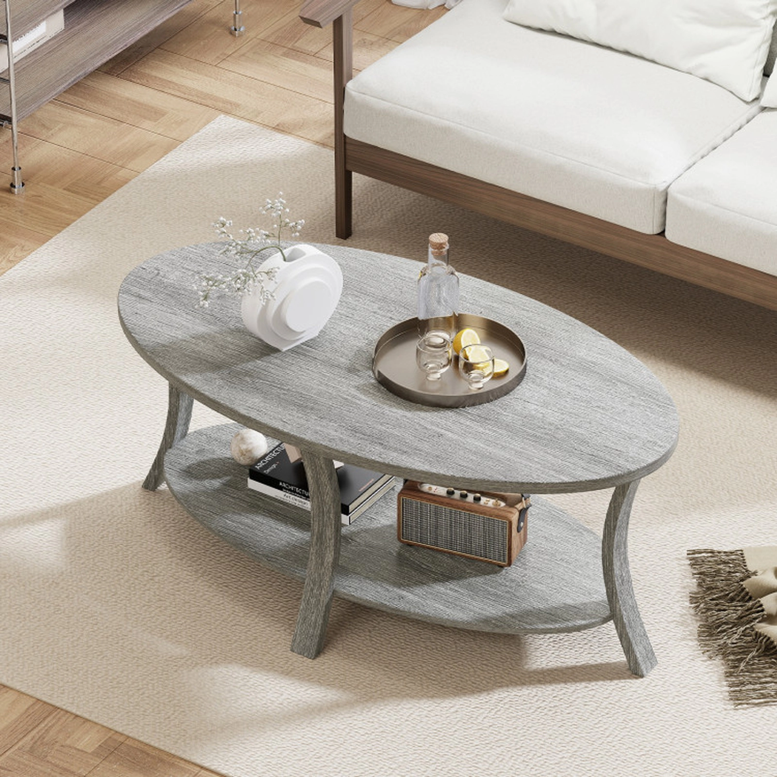 SUGIFT 44-in Oval 2-Tier 200-lb Capacity Gray Rubber Wood Coffee Table with Open Storage Shelf and Splayed Legs