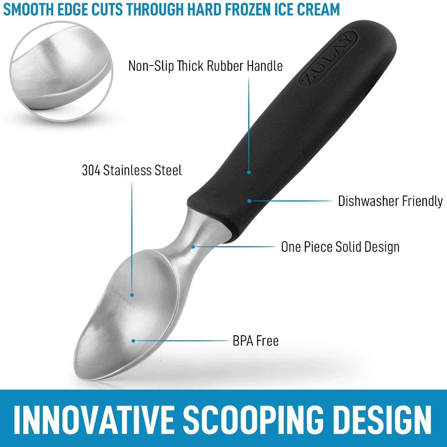 Zulay Kitchen Heavy Duty Ice Cream Scoop - Stainless Steel Scooper with Non-Slip Rubber Grip