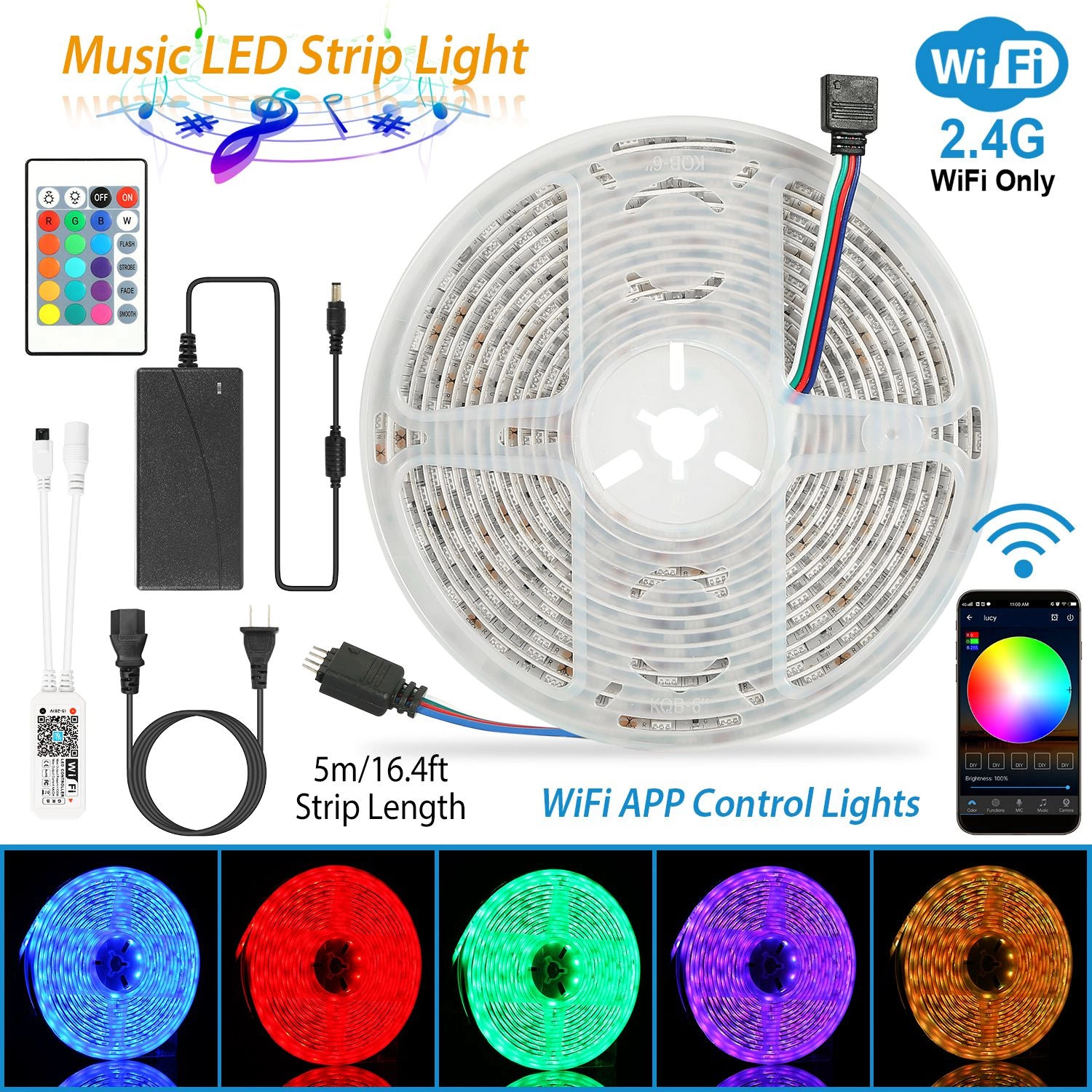 GBruno WiFi RGB LED Strip Lights 16.4FT Waterproof