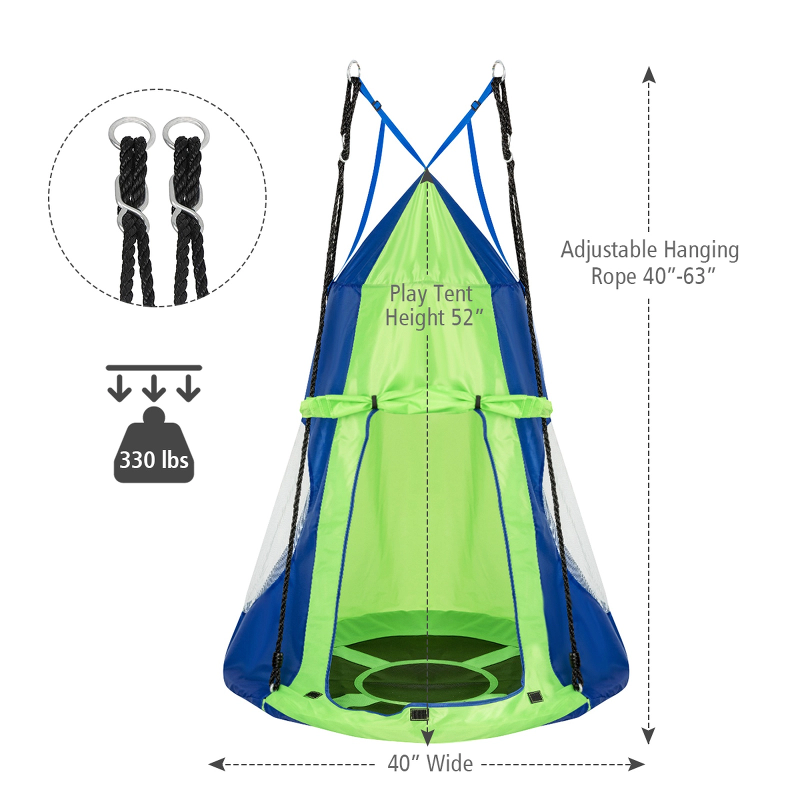 SUGIFT 2-in-1 Kids Hanging Chair Swing Tent Outdoor Play Set 330-lb Capacity 40-in Saucer Seat Green