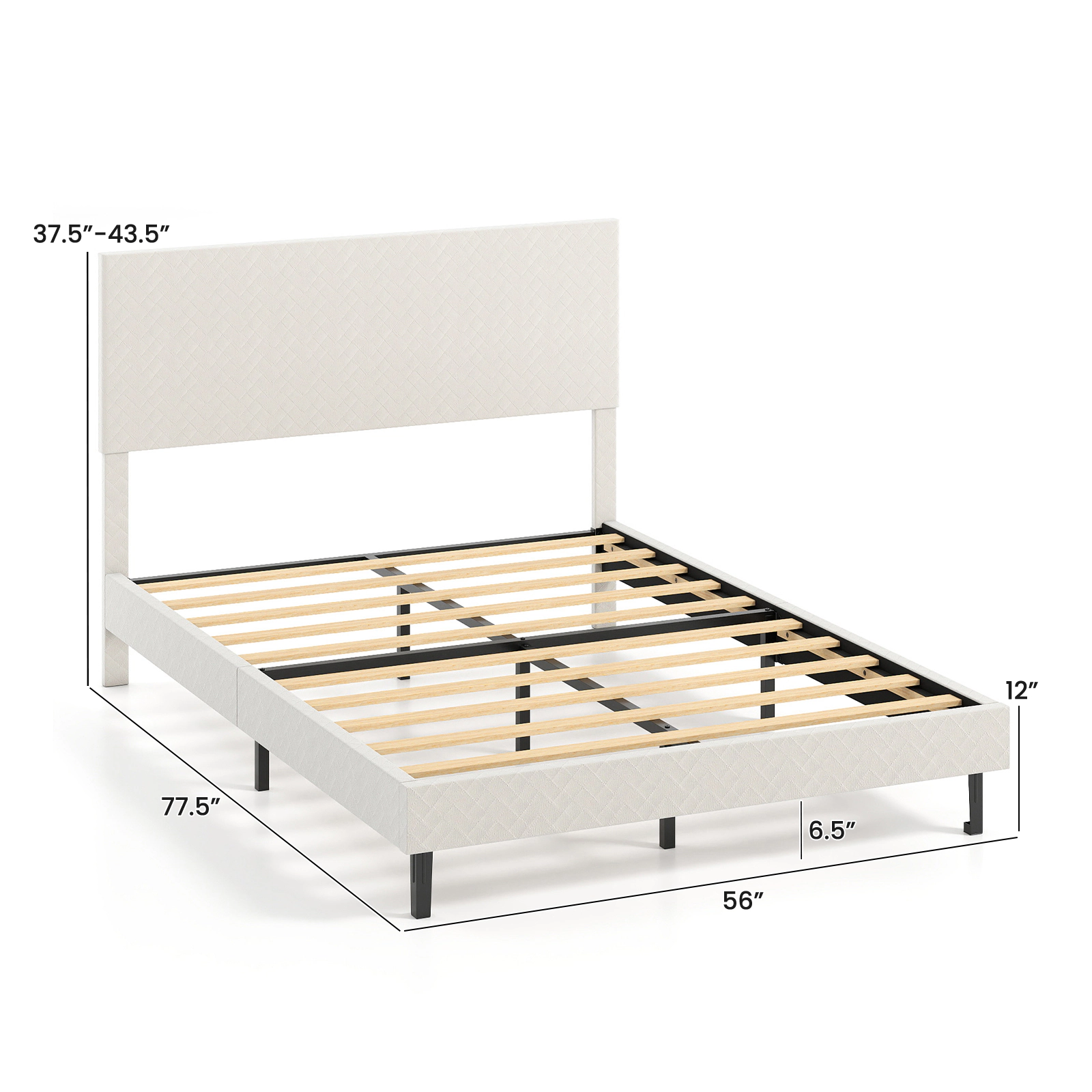 SUGIFT Velvet Upholstered Full Platform Bed Frame with Adjustable Chevron Headboard 800-lb Capacity 77.5-in Frame Beige