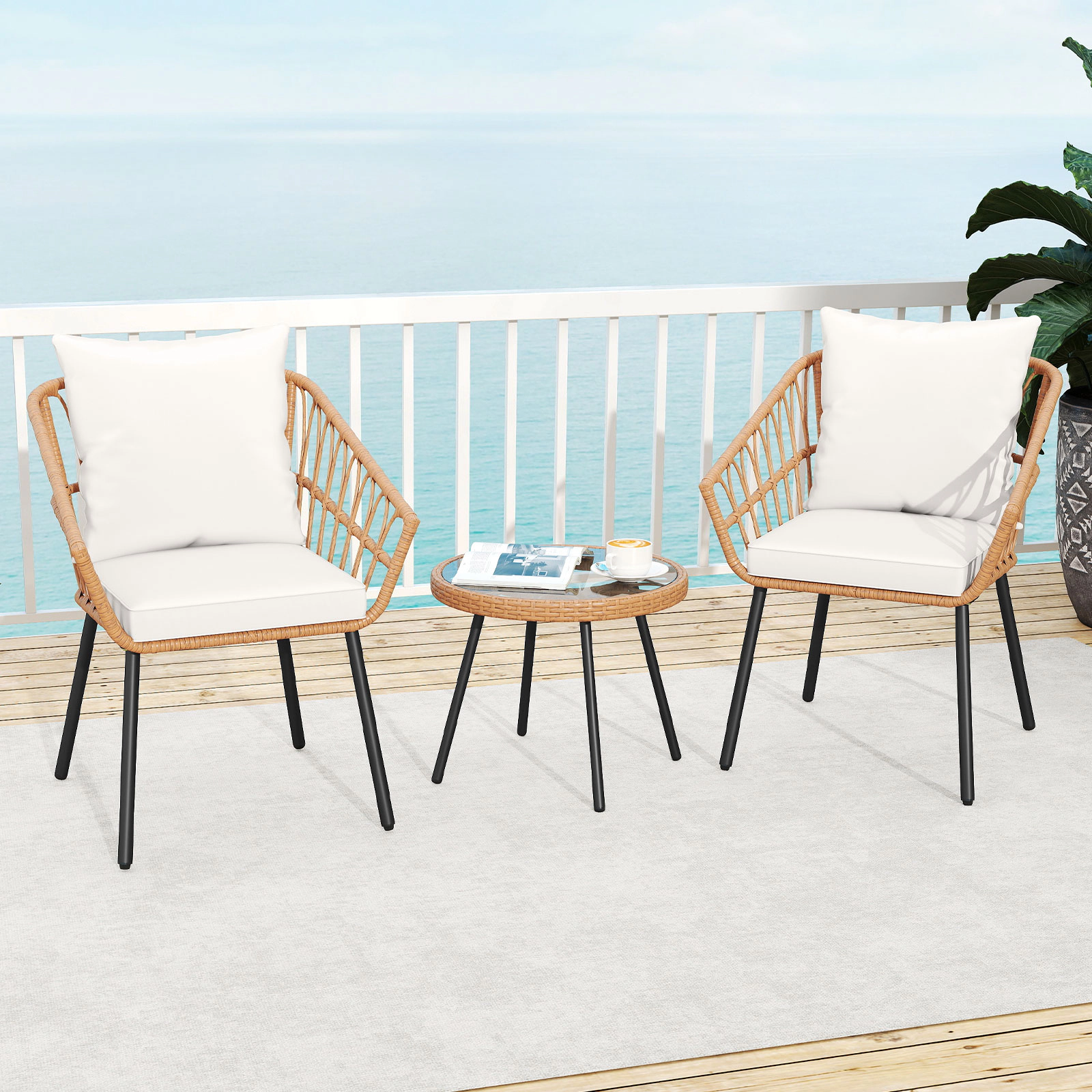 SUGIFT 3-Piece Beige Patio Bistro Set, 2 Cushioned Chairs, 20-Inch Round Tempered Glass Table