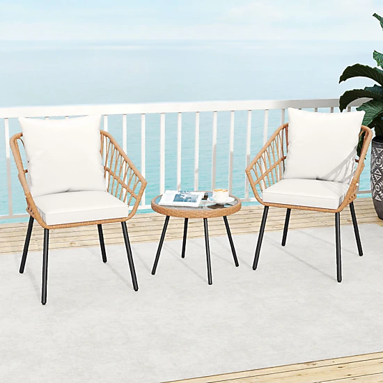SUGIFT 3-Piece Beige Patio Bistro Set, 2 Cushioned Chairs, 20-Inch Round Tempered Glass Table