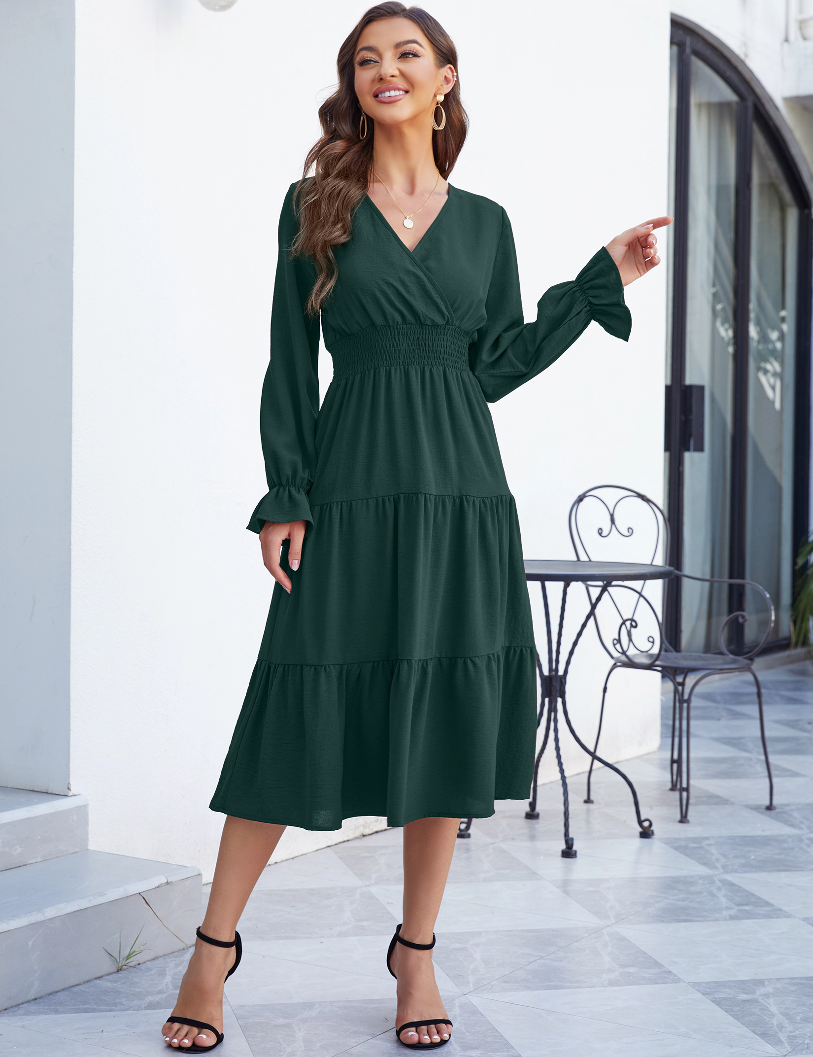 KOJOOIN Women V Neck Wrap Midi Dress Long Sleeve Tiered Ruffle Dresses Smocked Flowy Wedding Guest