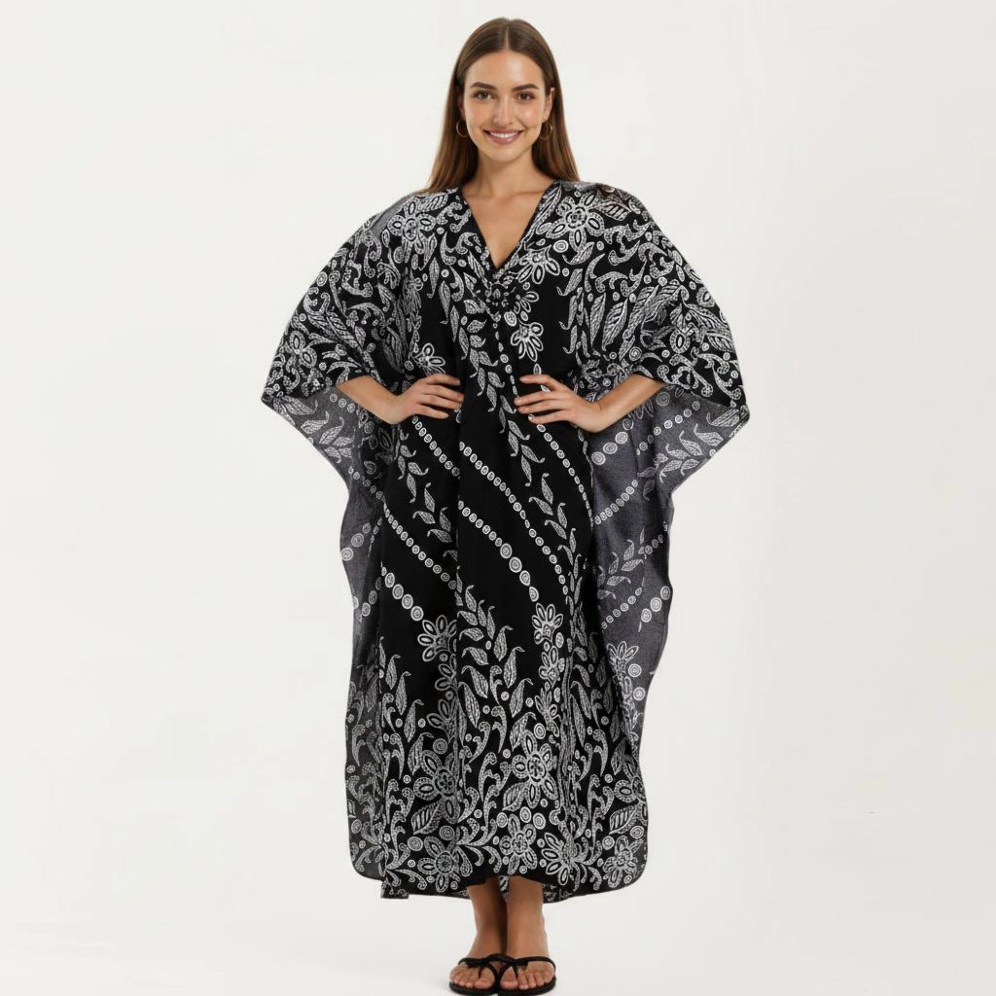 Anna-Kaci Women's Floral Print Kaftan Maxi Dress with V-Neck Button Front and Flowy Batwing Sleeves