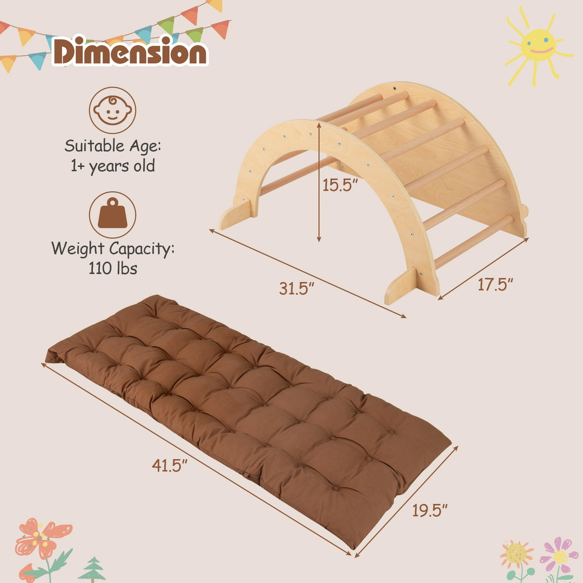 SUGIFT Montessori Kids Climbing Arch Rocker with Cushion 110-lb Capacity Ages 1+ 31.5-in Frame Coffee Beige Natural