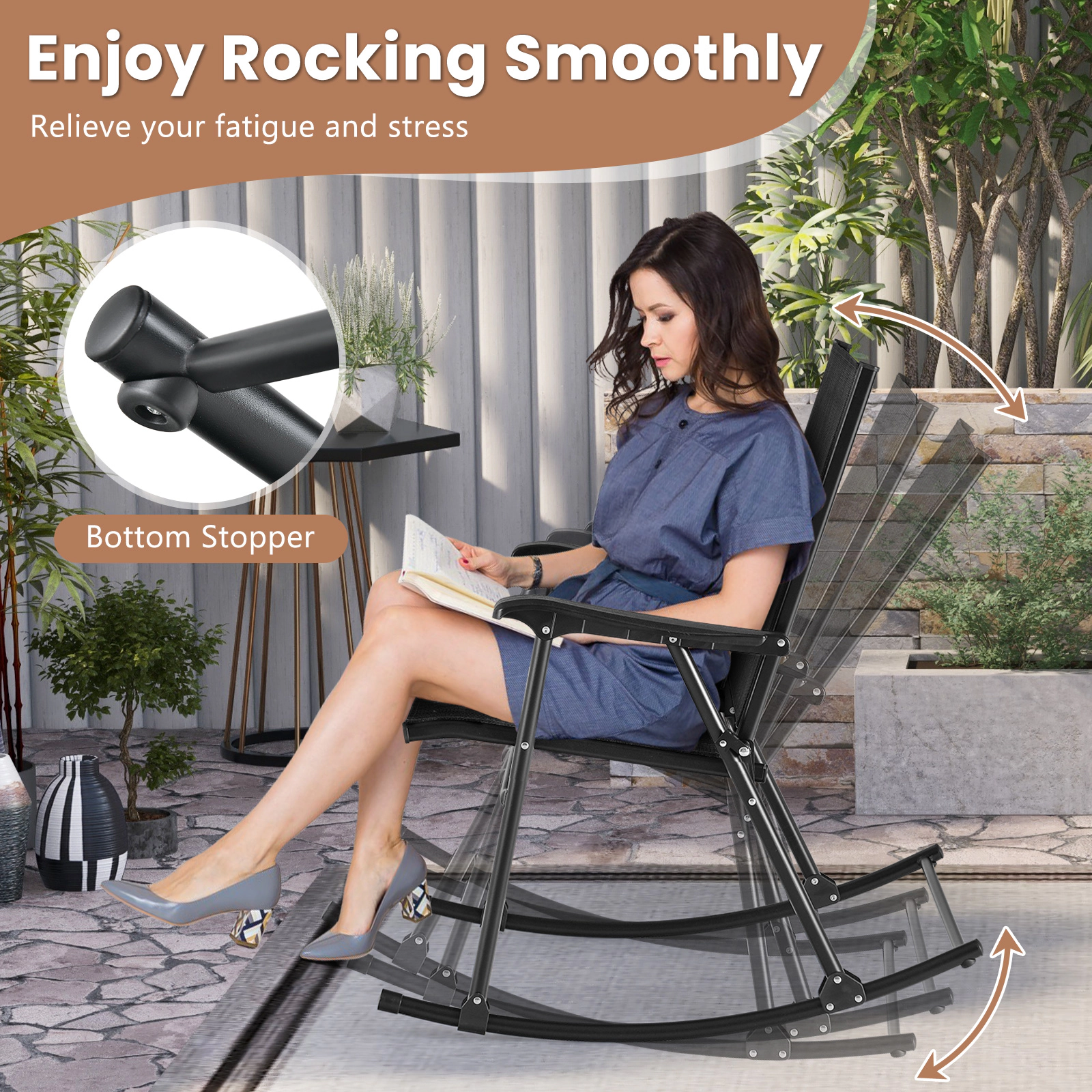 SUGIFT Set of 2 Folding Metal Outdoor Rocking Chairs with Sling Seats