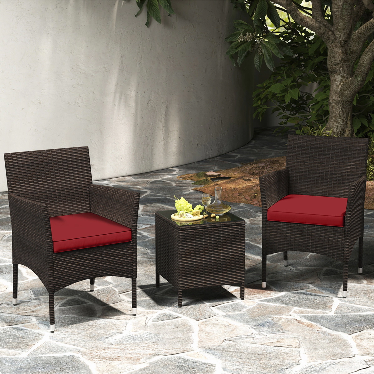 SUGIFT 3-Piece Outdoor PE Rattan Conversation Set with Cushions and Glass Tabletop 400-lb Chair Capacity Red