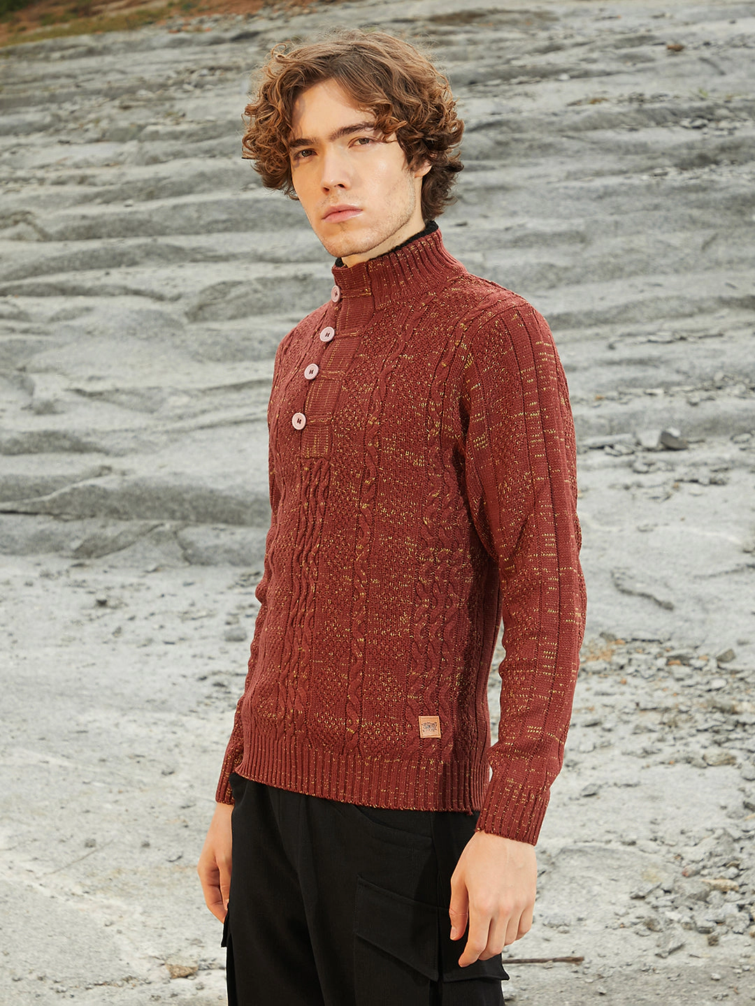 Campus Sutra Heathered Cable-Knit Sweater - Stand Collar, Long Sleeve, Brown