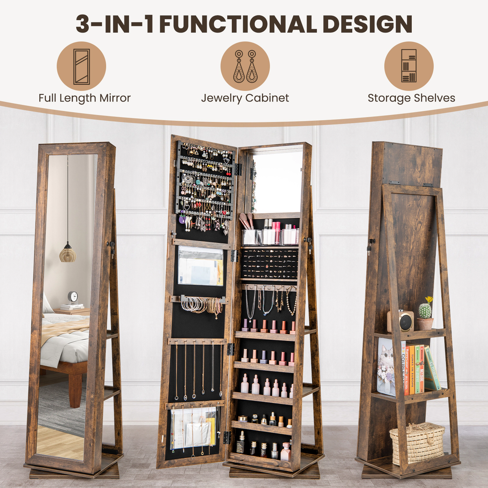 SUGIFT 360-Degree Swivel Jewelry Armoire Standing Organizer with Full-Length Mirror and Open Back Shelves