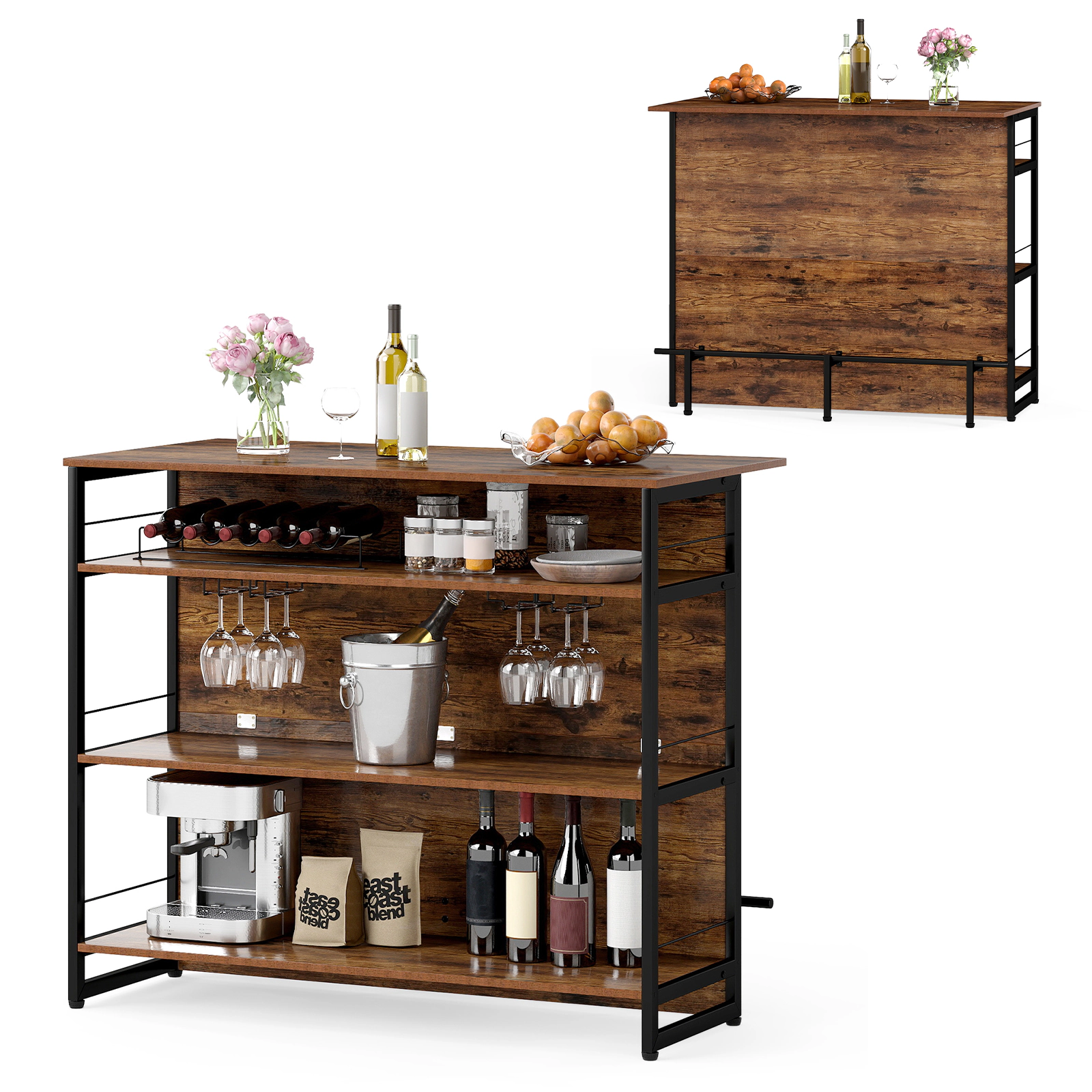 SUGIFT 4-Tier Mini Bar Kitchen Island Coffee with Full-Width Footrest and Wine Rack