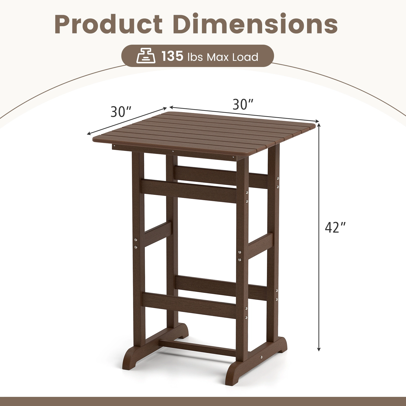 LJG 30 Inch Square Bar Table Dining with Slatted Tabletop for Poolside