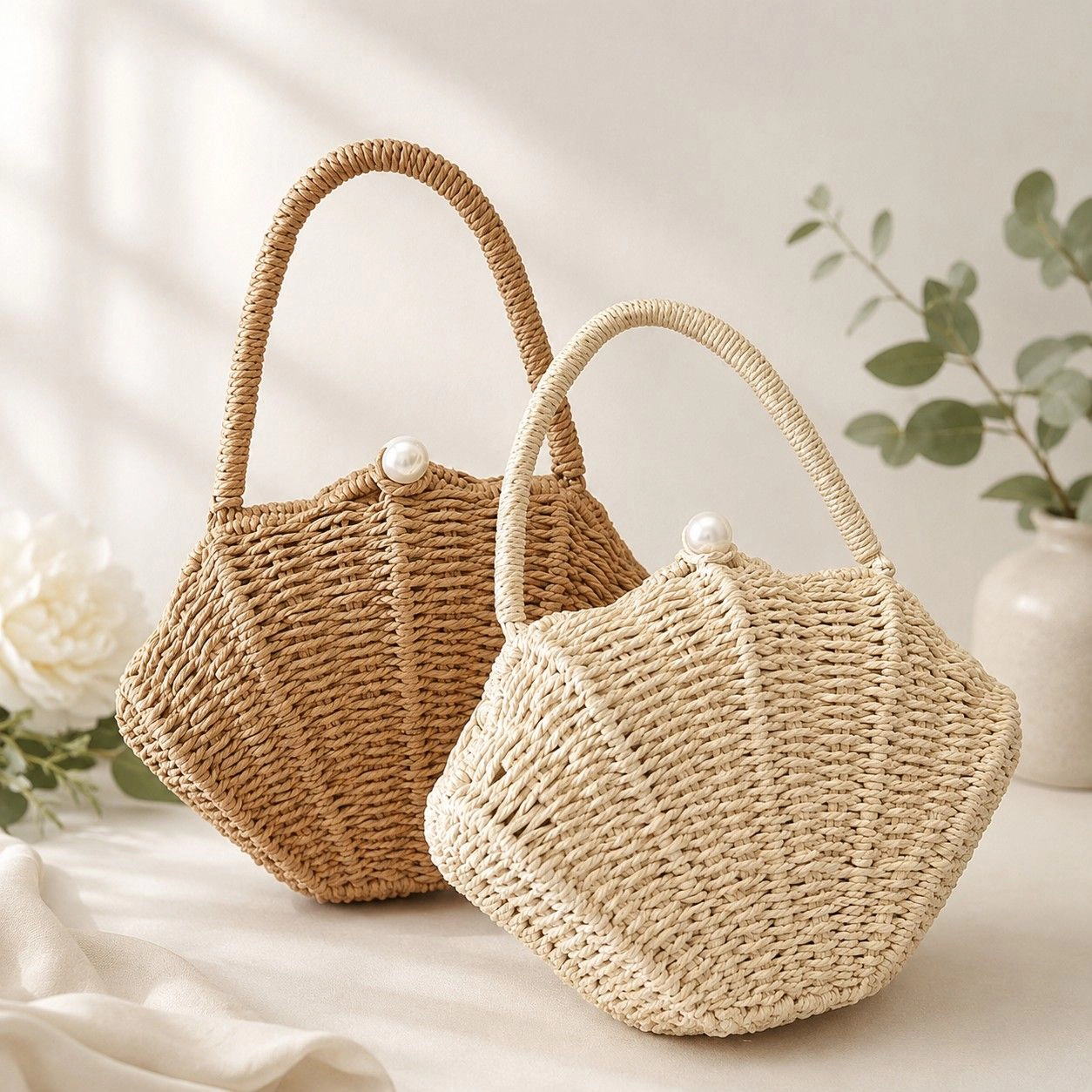 Alilang Women's Shell Woven Top Handle Bag with Pearl Button and Detachable Chain Strap, Beige