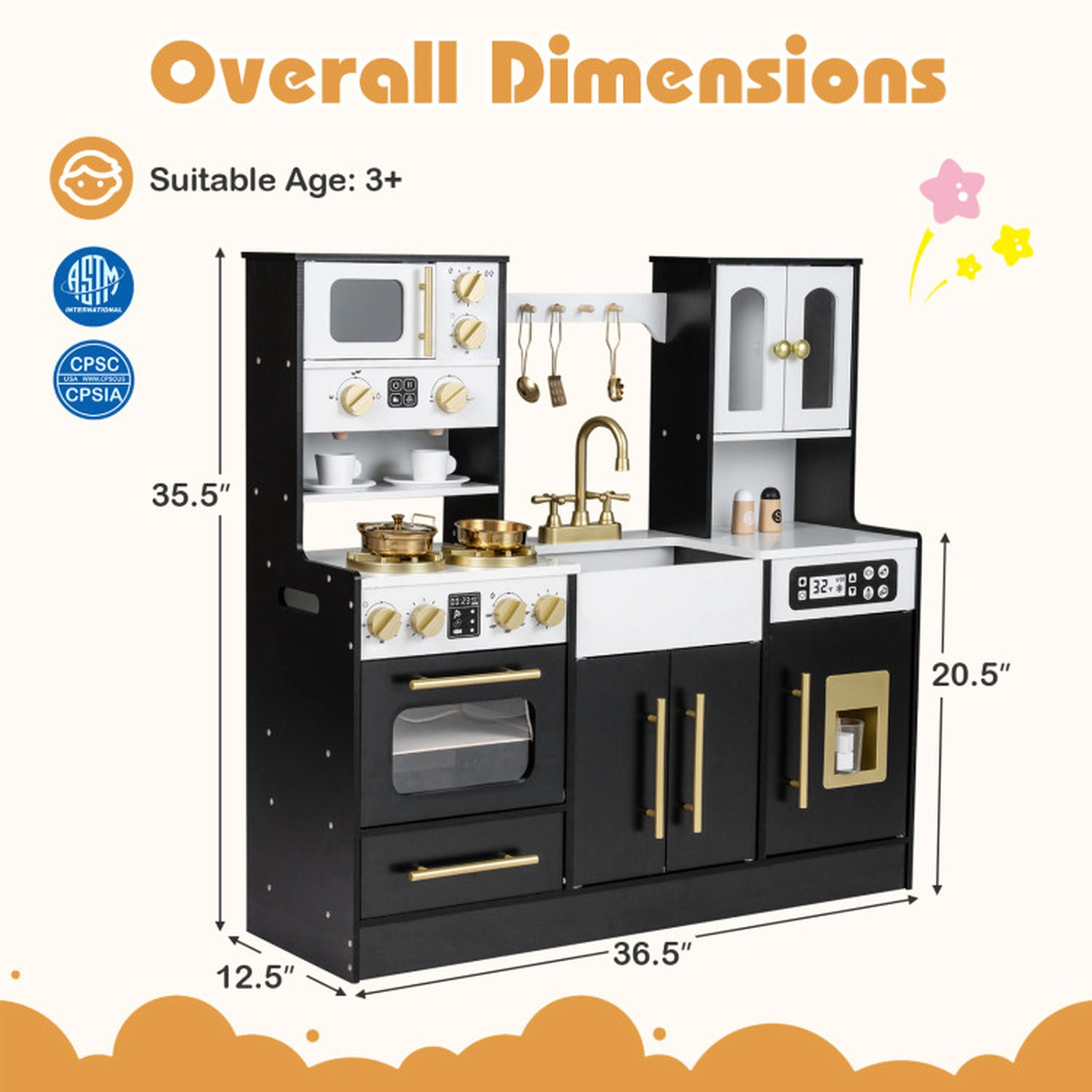SUGIFT Wooden Kids Kitchen Playset with Realistic Lights and Sounds Play Ice Maker 36.5-in Wide Ages 3+ Black/White