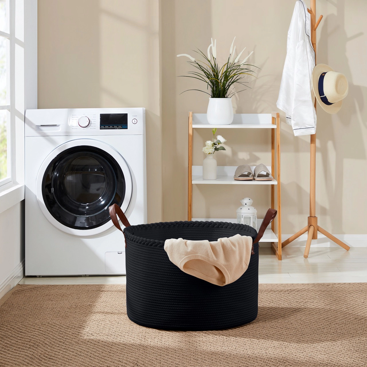 Ornavo Home Extra Large Round Cotton Rope Storage Basket Laundry Hamper with Leather Handles