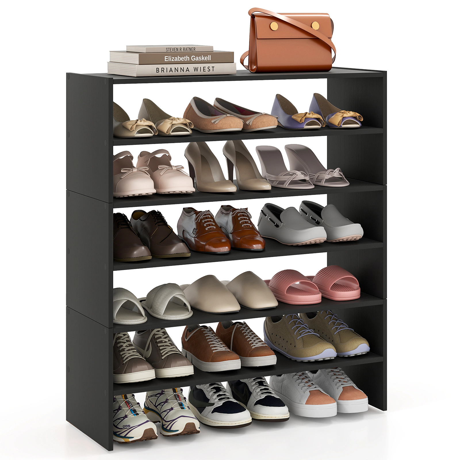 SUGIFT 6-Tier Black 31-in Wide Stackable Modular Shoe Rack Organizer with Anti-Tip Kit for Entryway