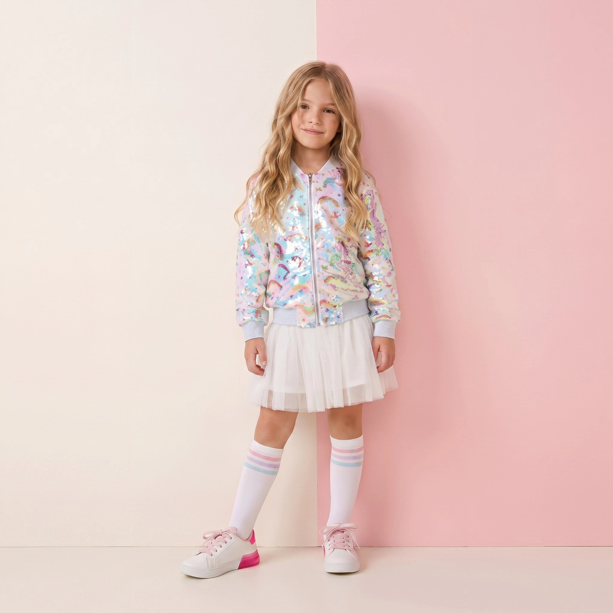 2Bunnies Girls' Rainbow Unicorn Iridescent Sequin Bomber Jacket