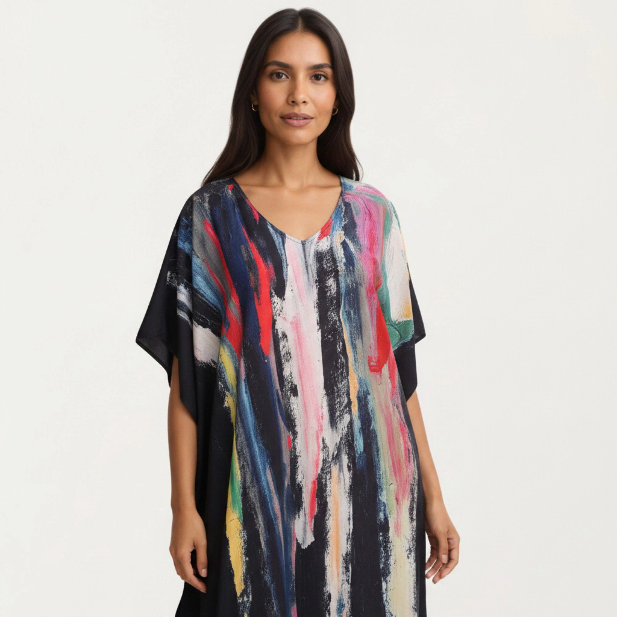 Anna-Kaci Women's Abstract Print Maxi Caftan Dress with V-Neckline Short Sleeves and Relaxed Draped Silhouette