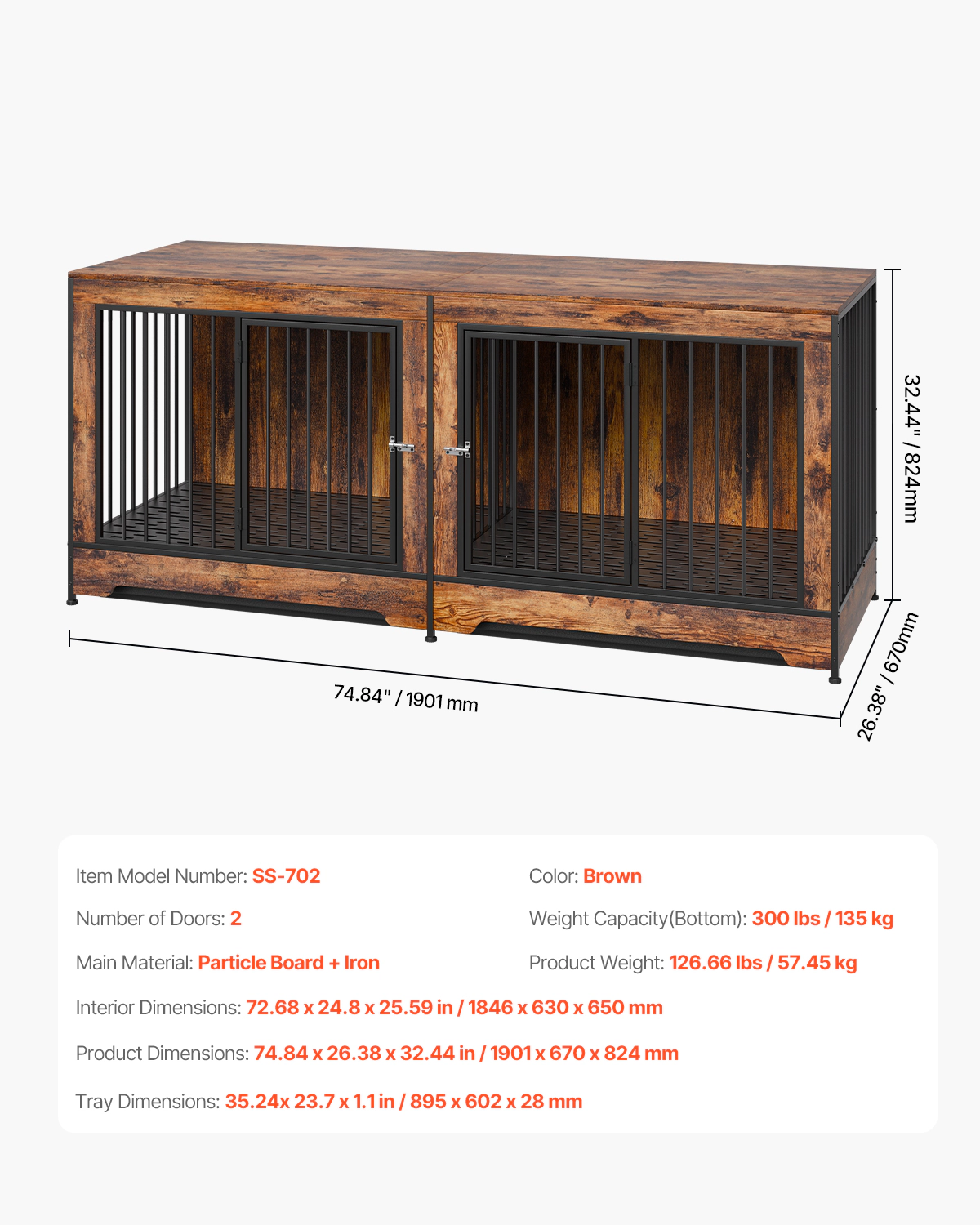 HONGGE 75 in Wooden Dog Crate Furniture with Divider for 2 Dogs, Double-Door TV Stand & End Table, Brown