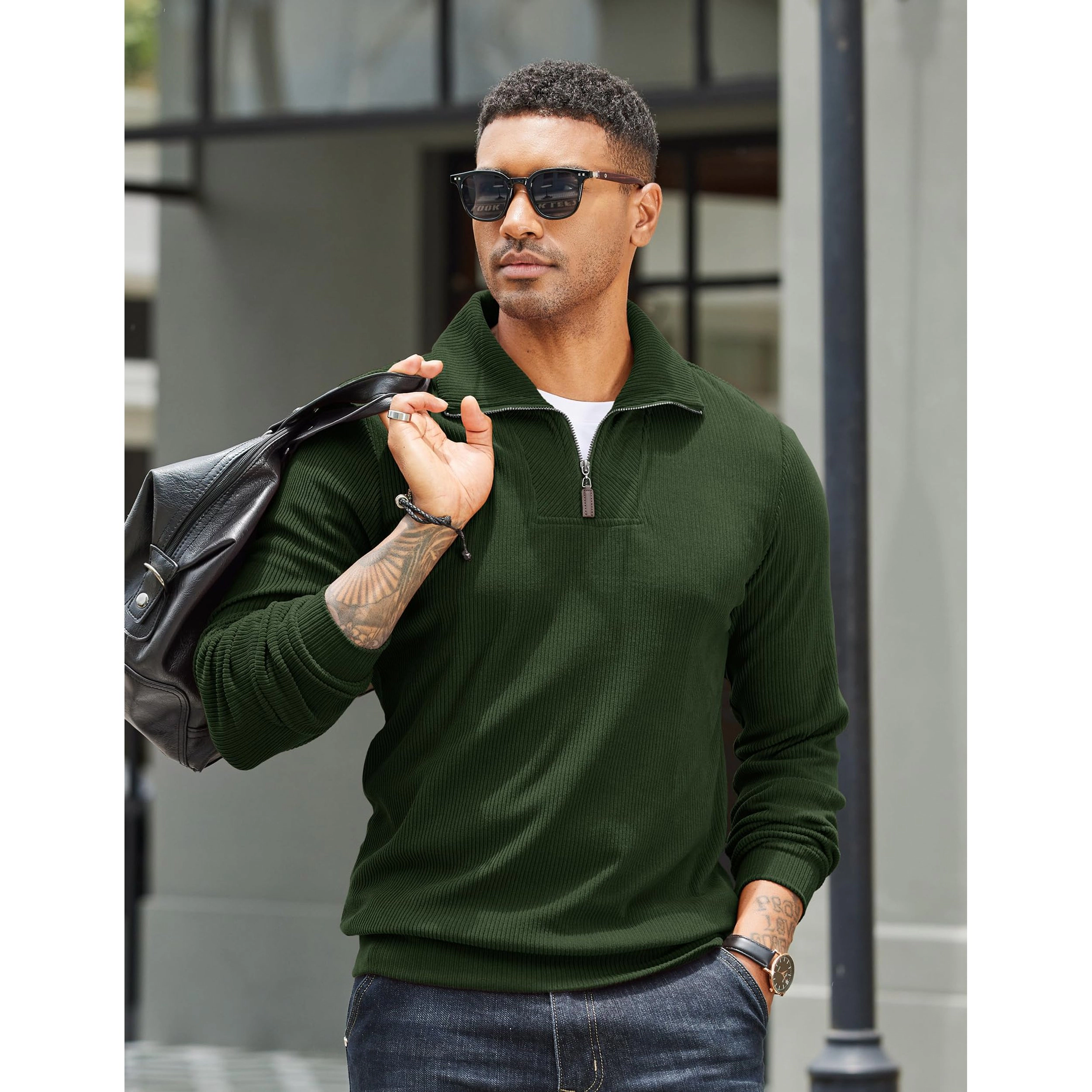 COOFANDY Men's Regular Fit Ribbed Knit Quarter Zip Pullover Sweater