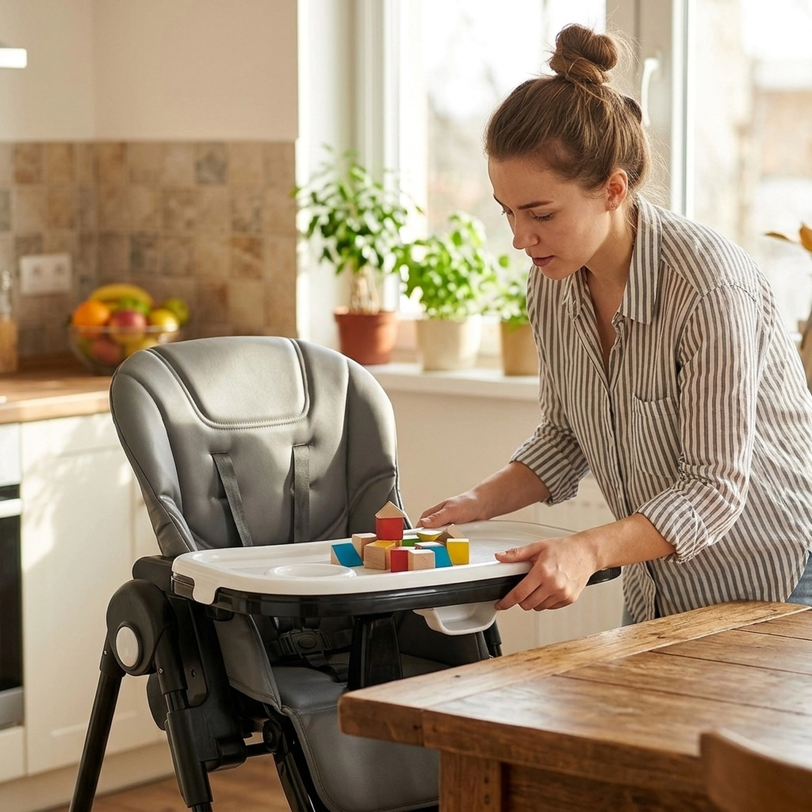 Reclining Newborn High Chair 5-Position Backrest 7 Seat Heights Detachable Double Tray for 0 to 36 Months Gray
