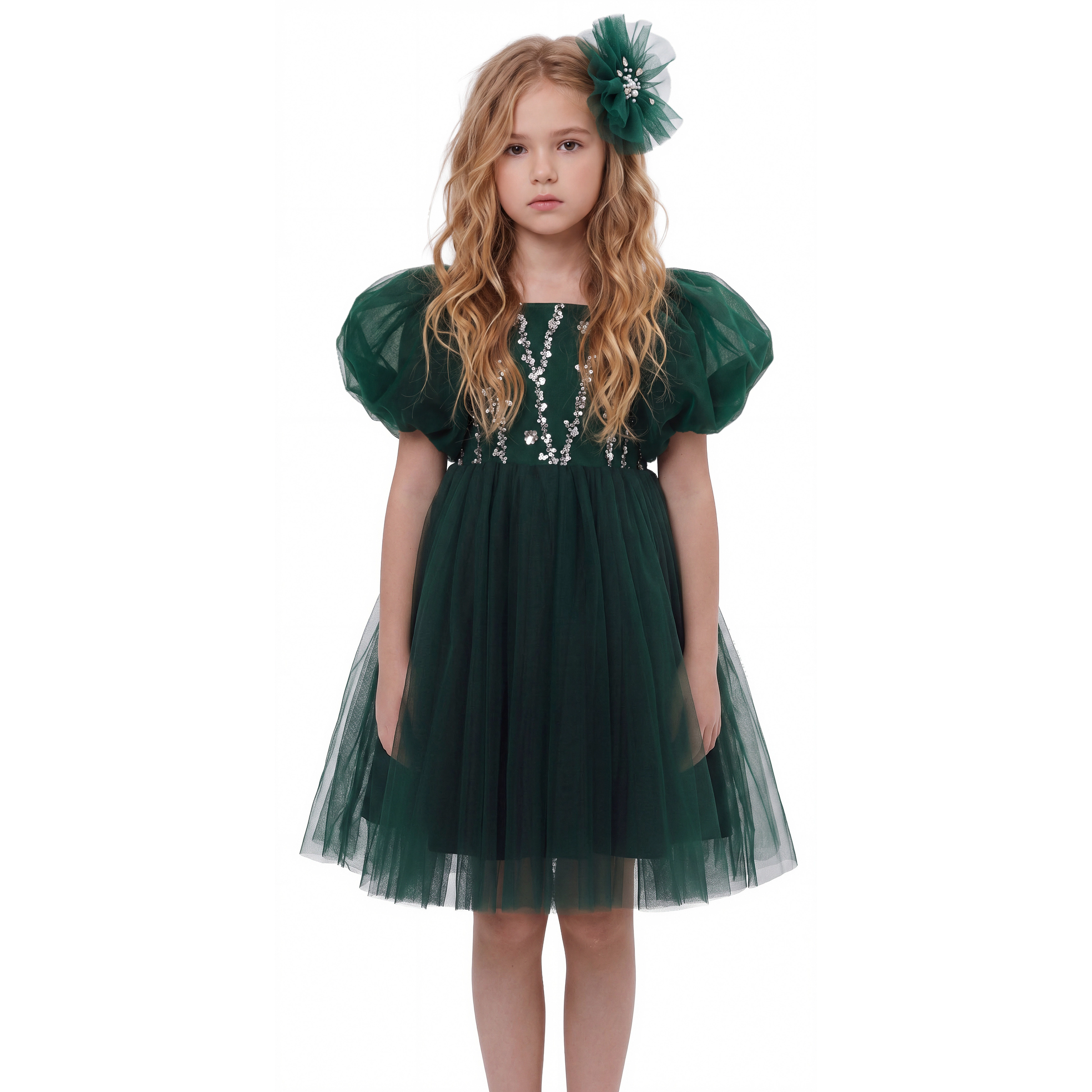 2Bunnies Girls’ Beaded Sequin Embellished Puff Sleeve Tulle Holiday Party Dress