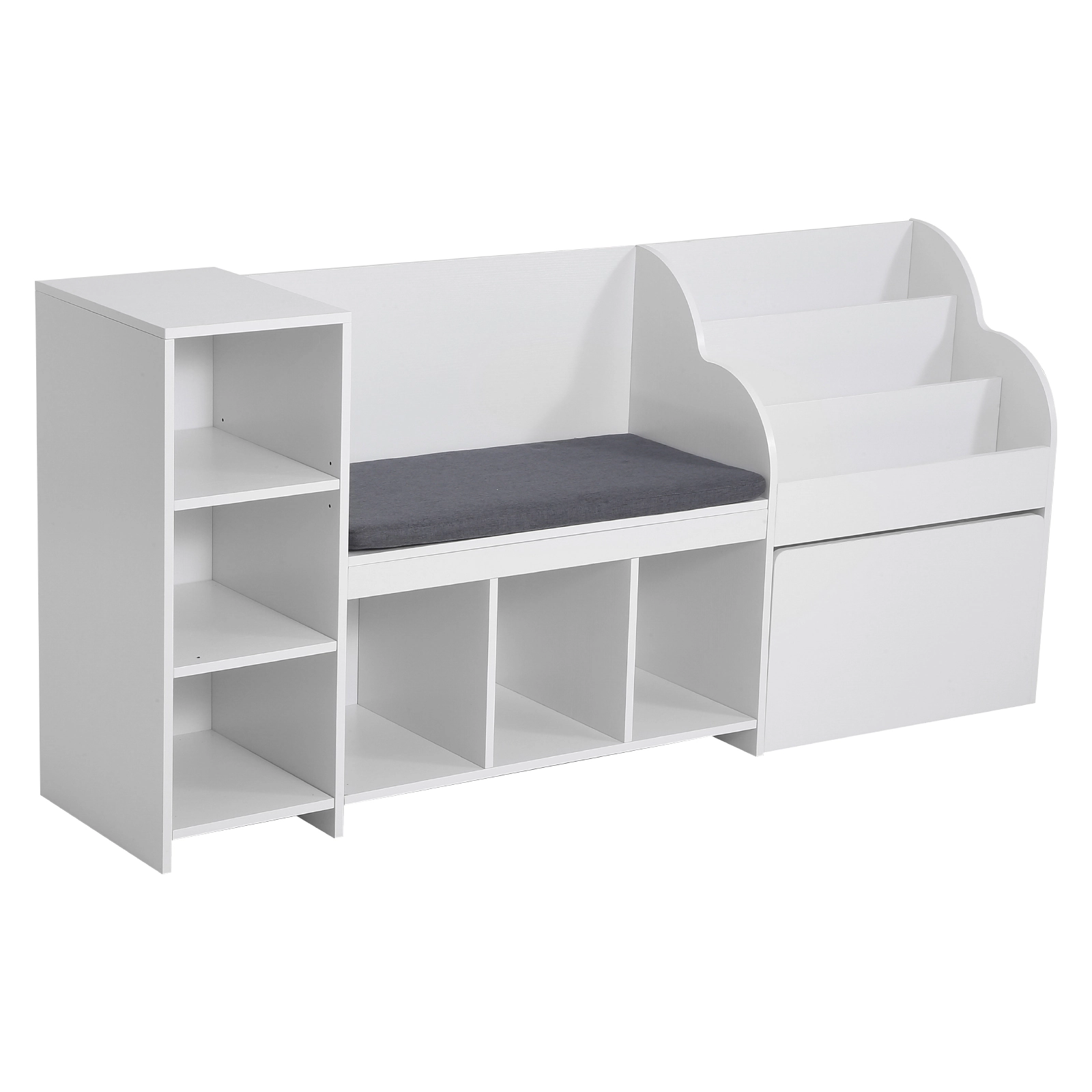 HONGGE Kids Reading Nook Storage Bench with Backrest & 3-Tier Bookshelf, 67-Inch Toy Organizer, White
