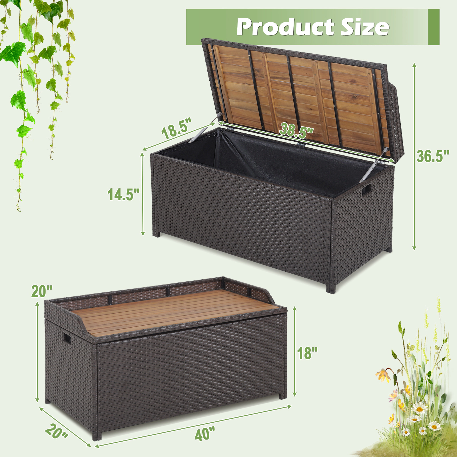 SUGIFT 45-Gallon Outdoor Storage Bench with Zippered Liner 795-lb Seating Capacity 66-lb Inner Load Mix Brown