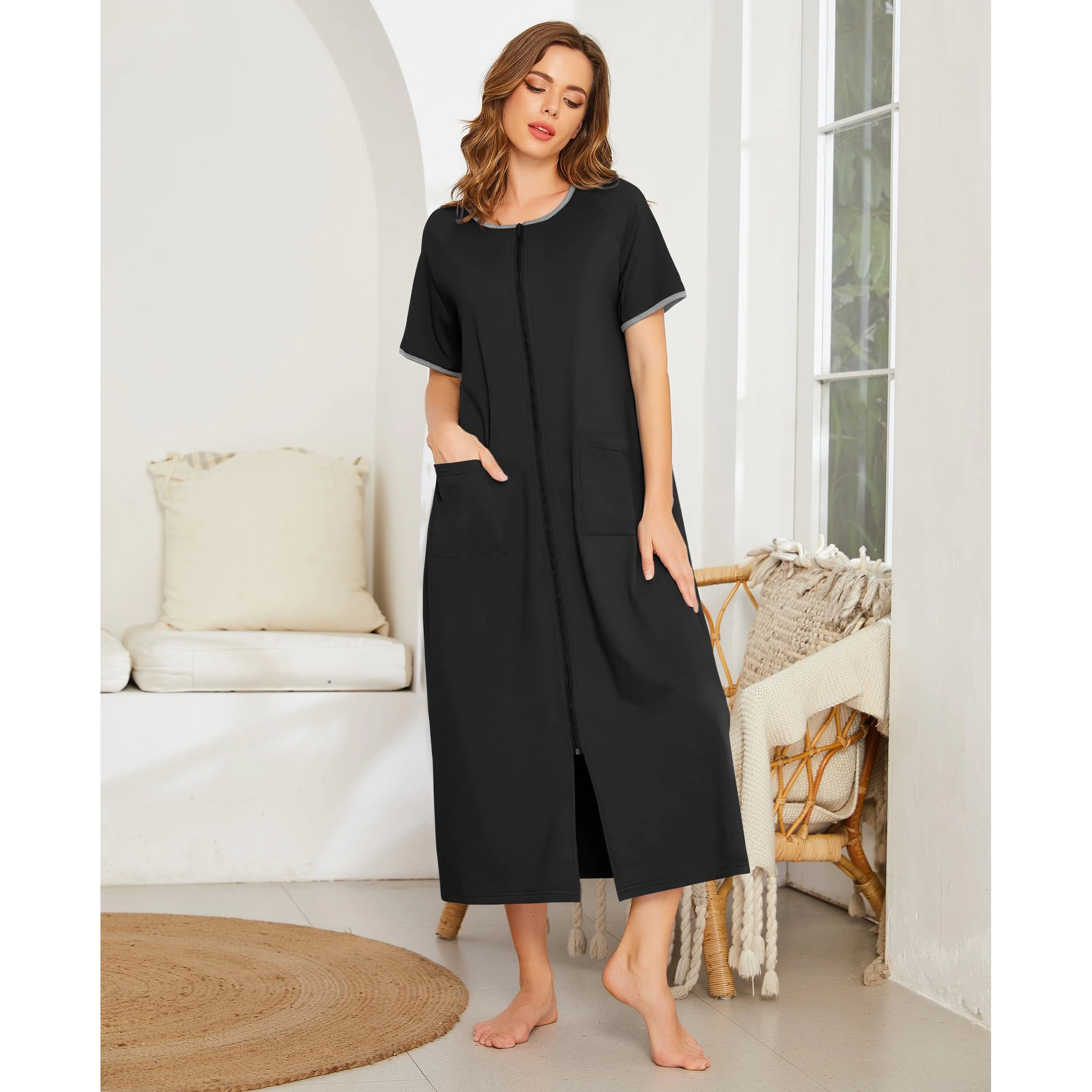 Ekouaer Women Robes Zipper Front Short Sleeve Full Length Housecoat with Pockets Loungewear