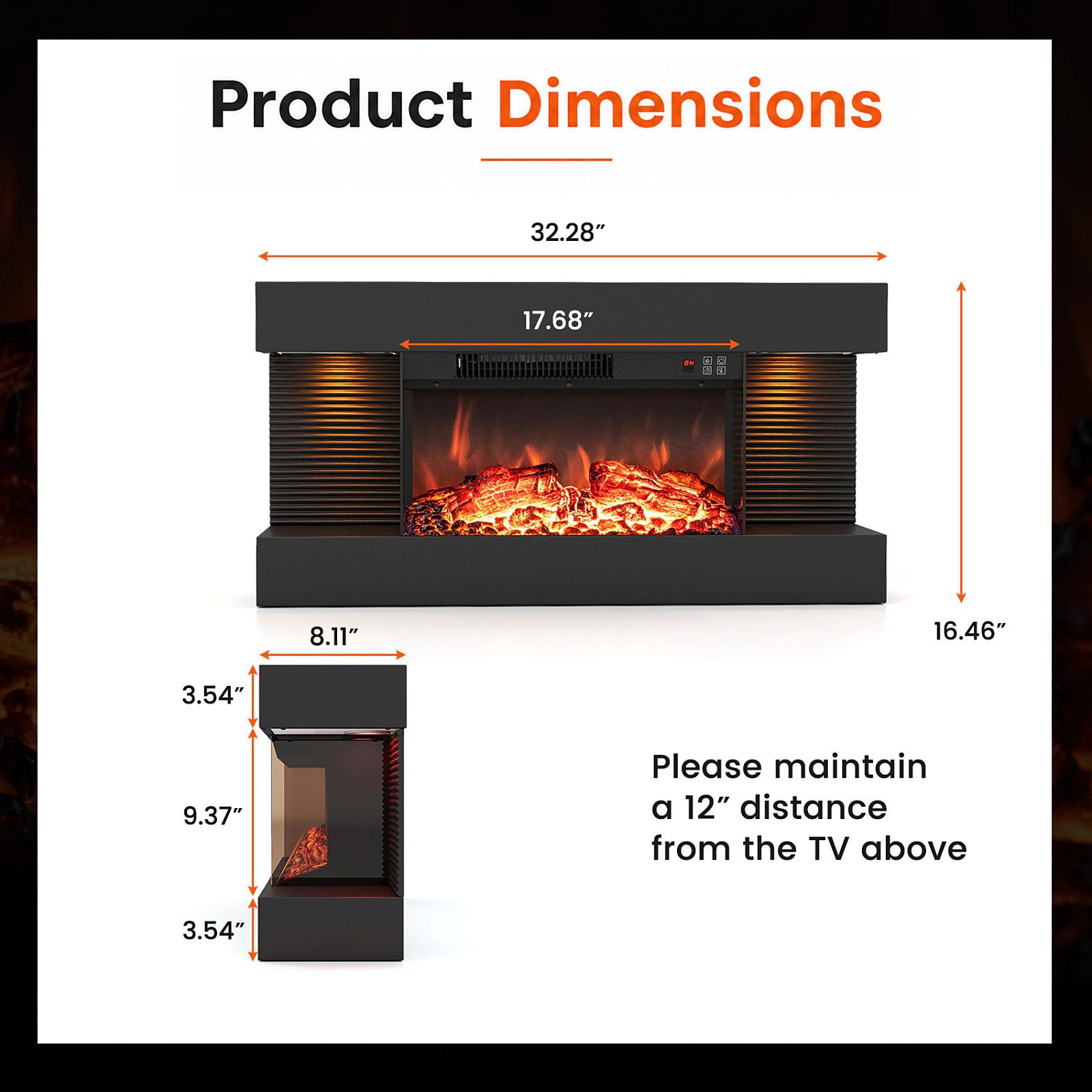 SUGIFT 32-in 3-Sided Floating Mantel 12 Side LED Colors Wall Mount Electric Fireplace 32.3-in x 8.1-in x 16.5-in Black
