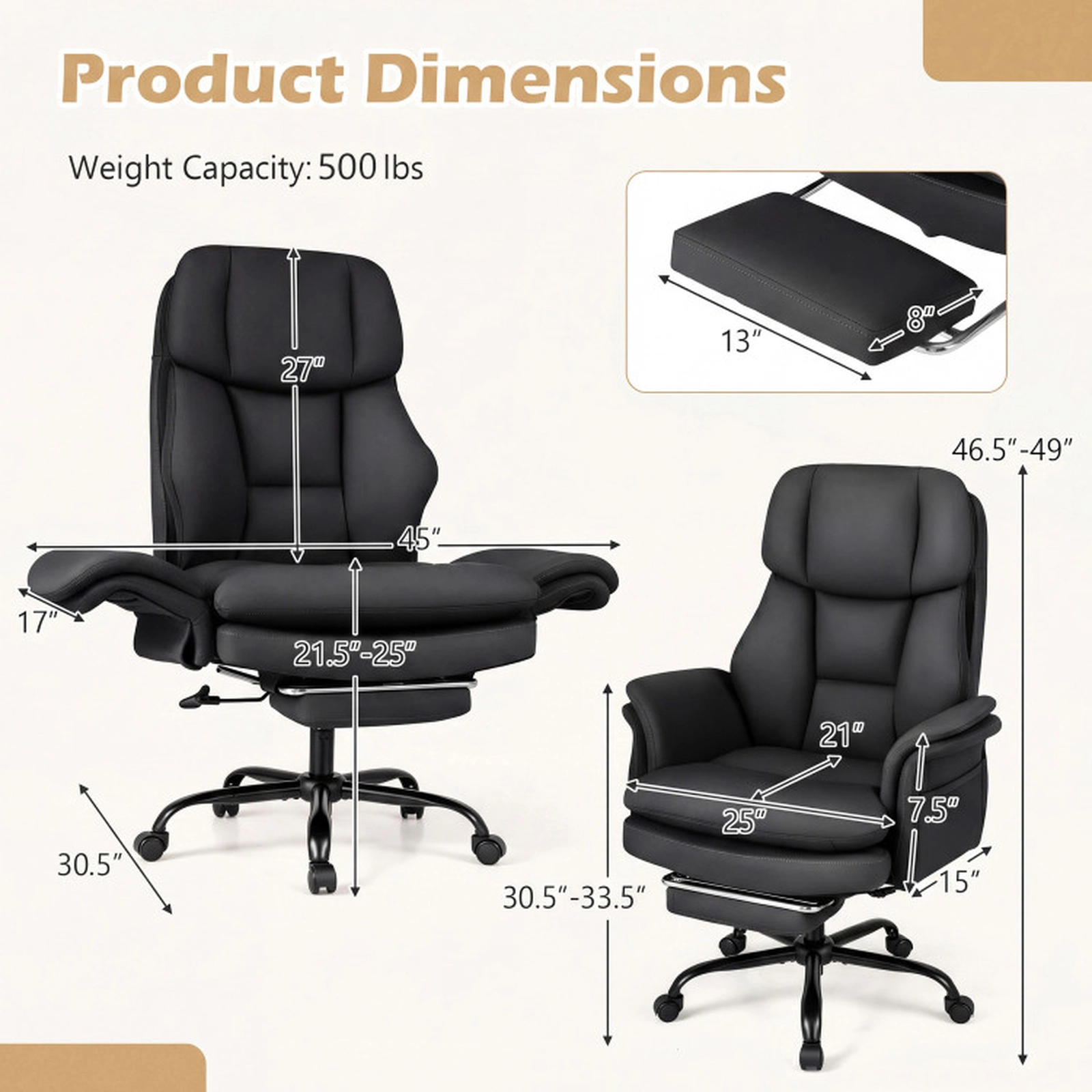 SUGIFT Retractable Footrest 500-lb Ergonomic Cross Legged Big and Tall Executive Chair